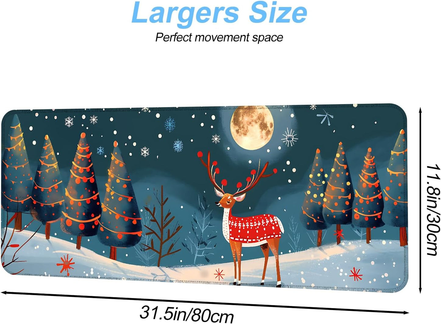 Christmas Reindeer Mouse Pad– Large Extended Desk Mat with Holiday Winter Snow Scene, Non-Slip Base Keyboard Pad for Home Office, Gaming, Workstation,31.5 x 11.8 in