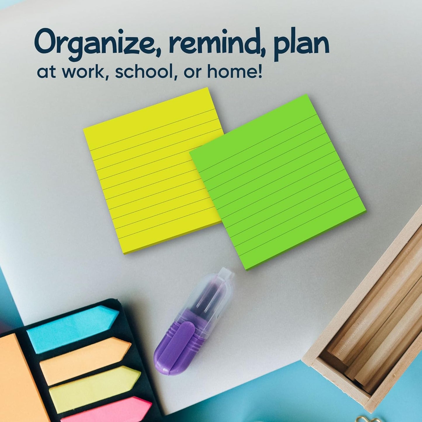 Lined Sticky Notes 3x3 Pack of 8, Bright Colored Super Self Sticky Pads - 60 Sheets/Pad - Easy to Post for School, Office Supplies, Desk Accessories