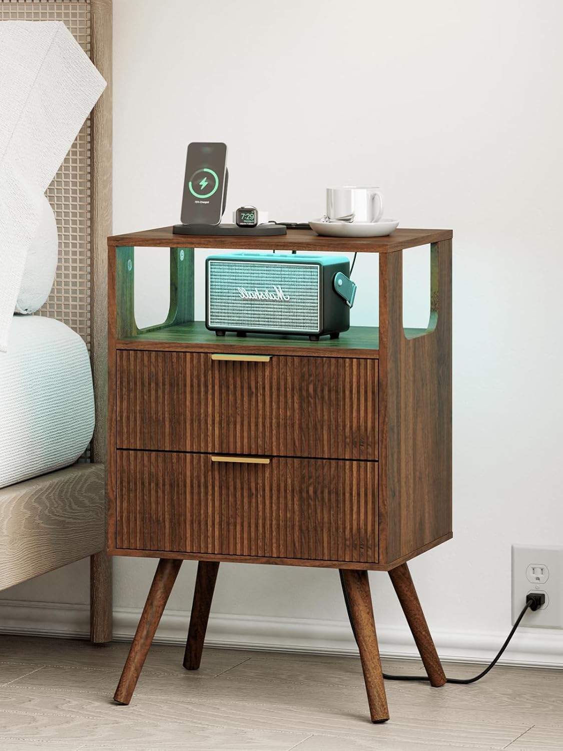 Nightstand with Charging Station and LED Lights, Modern Bedside Table with 2 Storage Drawer and Open Wood Shelf for Bedroom and Small Spaces, Night Stand with Solid Wood Legs