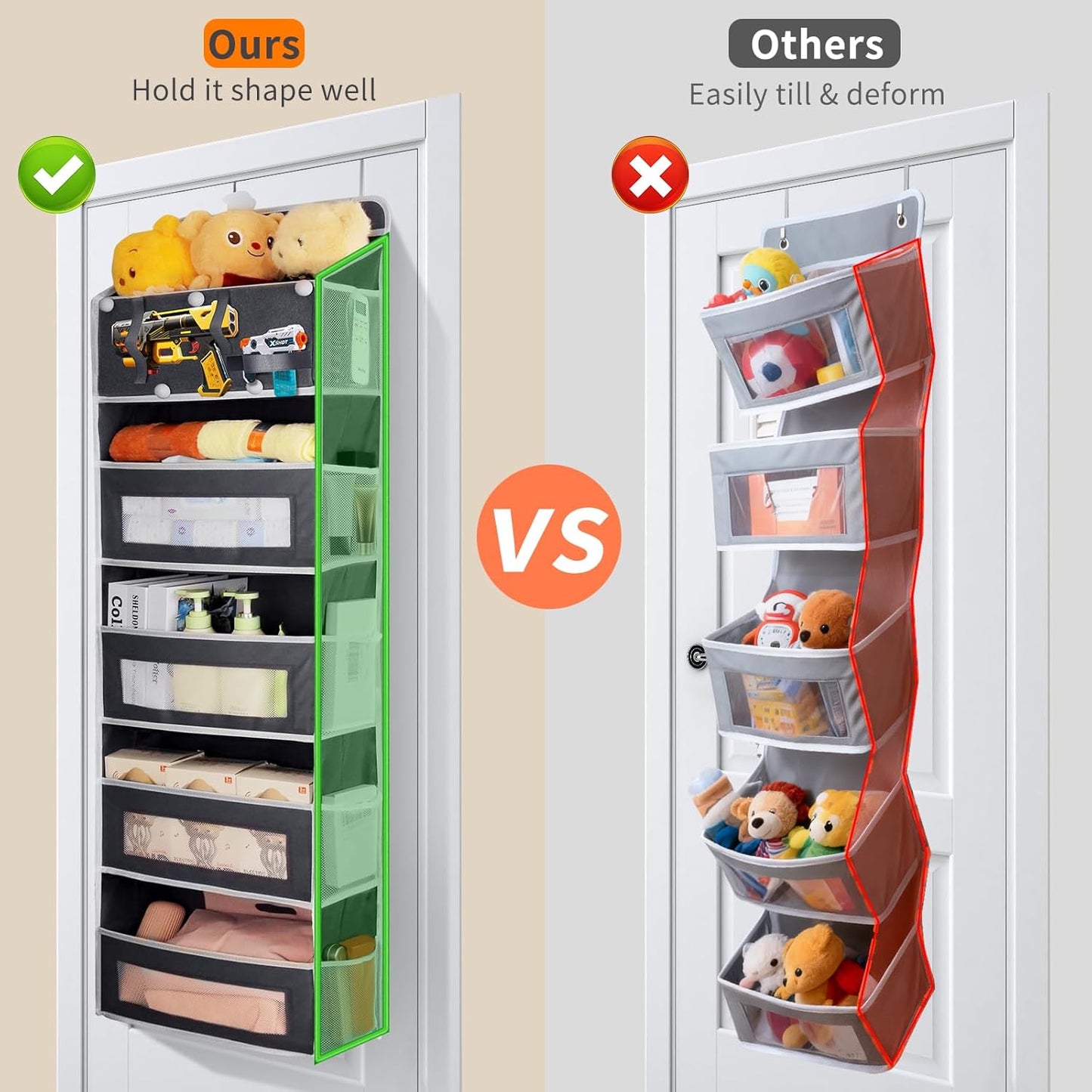 Over the Door Organizer, Large Capacity 5 Shelfs Hanging Door Organizer with Pockets and DIY Slots for Toys, Shoes, Diapers, Clothes, Behind Door Storage for Closet Wall Bedroom Nursery Pantry, Gray