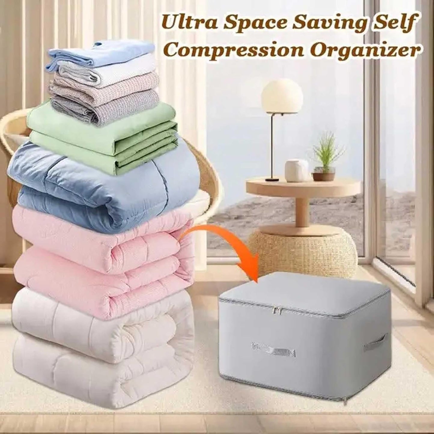 2PCS Ultra Space Saving Self Compression Organizer,Dustproof And Moisture-Proof Compression Storage Bag For King/Queen Comforters, Pillows, Bedding/Quilt, Blanket, Duvet (White, X-Large)