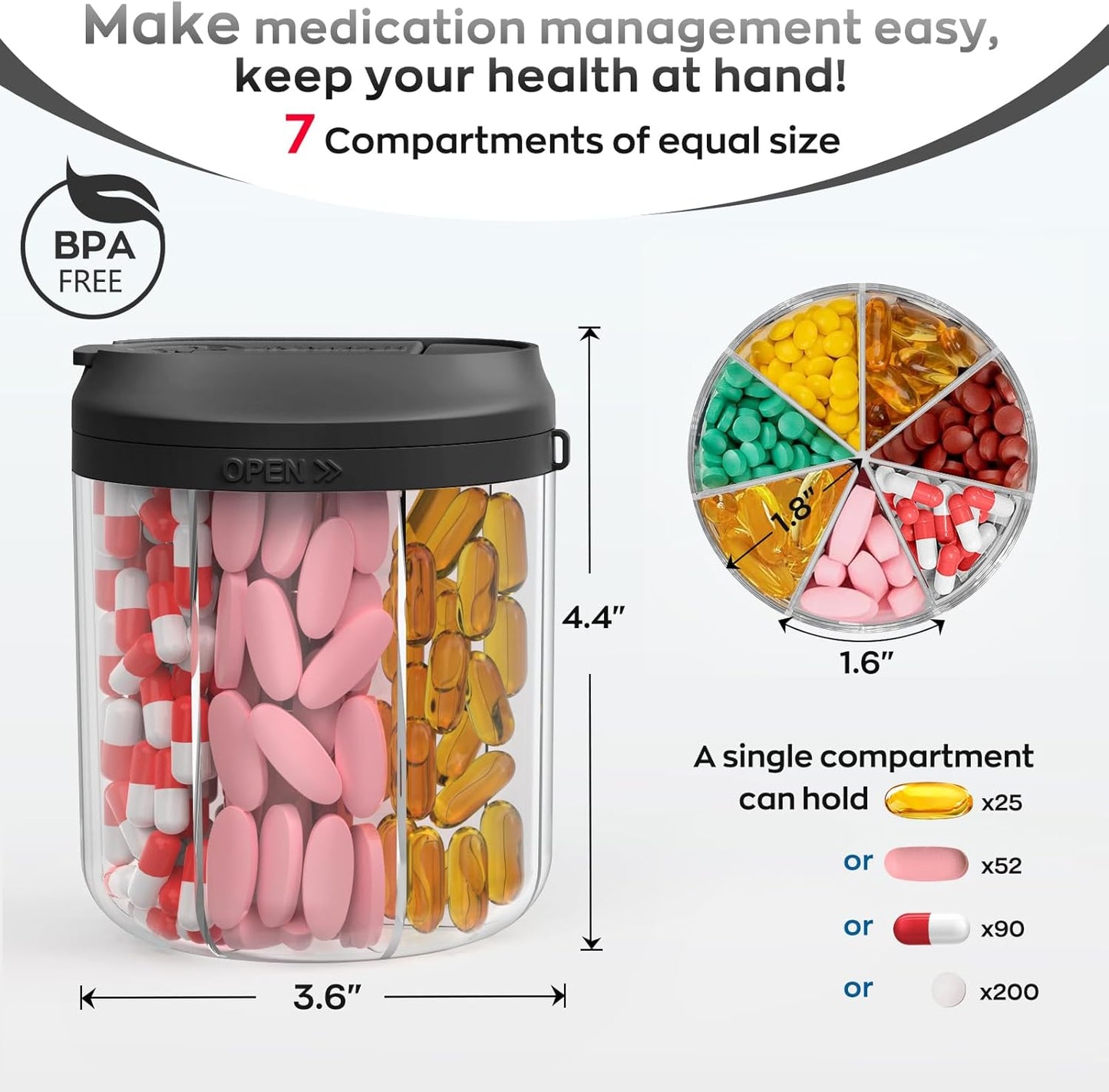Pill Dispenser with 7 Large Compartments, 4.4" H x 3.6" Dia Pill Organizer for Travel, Supplement Organizer with Anti-Mixing Design, BPA-Free Pill Container with 20 Pcs Labels, Black+ Blue