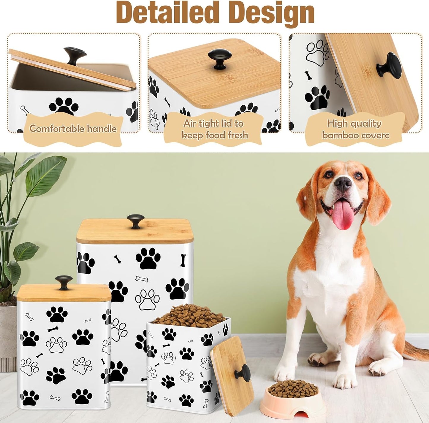 Airtight Dog Food Containers with Bamboo Lids, Metal Dog Treat Jars Canisters for Kibble, Biscuits, Snacks, Cookies, Pet Food Storage Set for Kitchen Counter Christmas Gift(White)