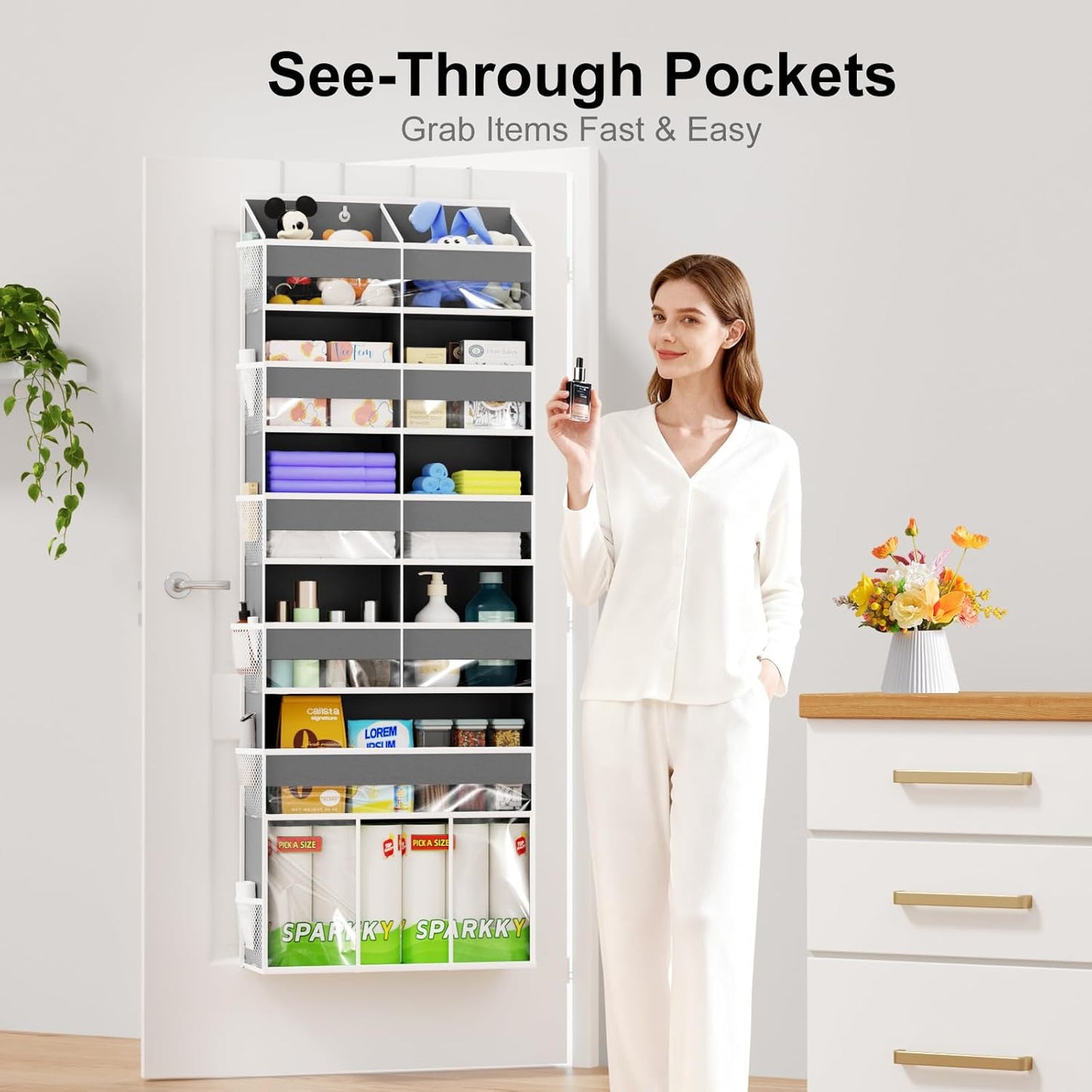Over The Door Organizer 6-Tier Hanging Storage - Door Hanger Organizer with 10 Pockets & 12 Mesh Side Bags, 80lb Heavy Duty Back of Door Storage for Closet Bathroom Pantry Nursery Laundry