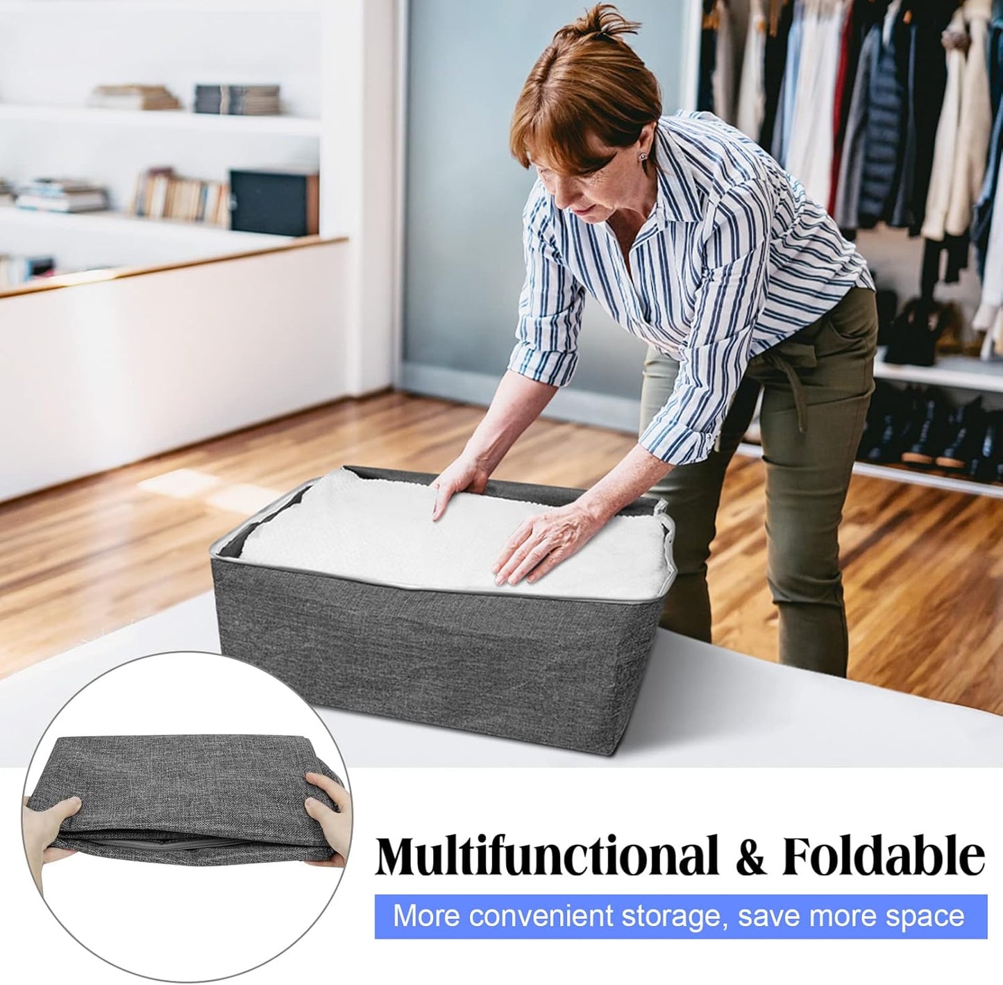 84L Extra Large Storage Bags, Folding Moving Comforter Blanket Storage Bags Closet Organizers and Storage Containers with Strong Handles&Zippers Clear Window for Clothes Bedding Pillow, Black