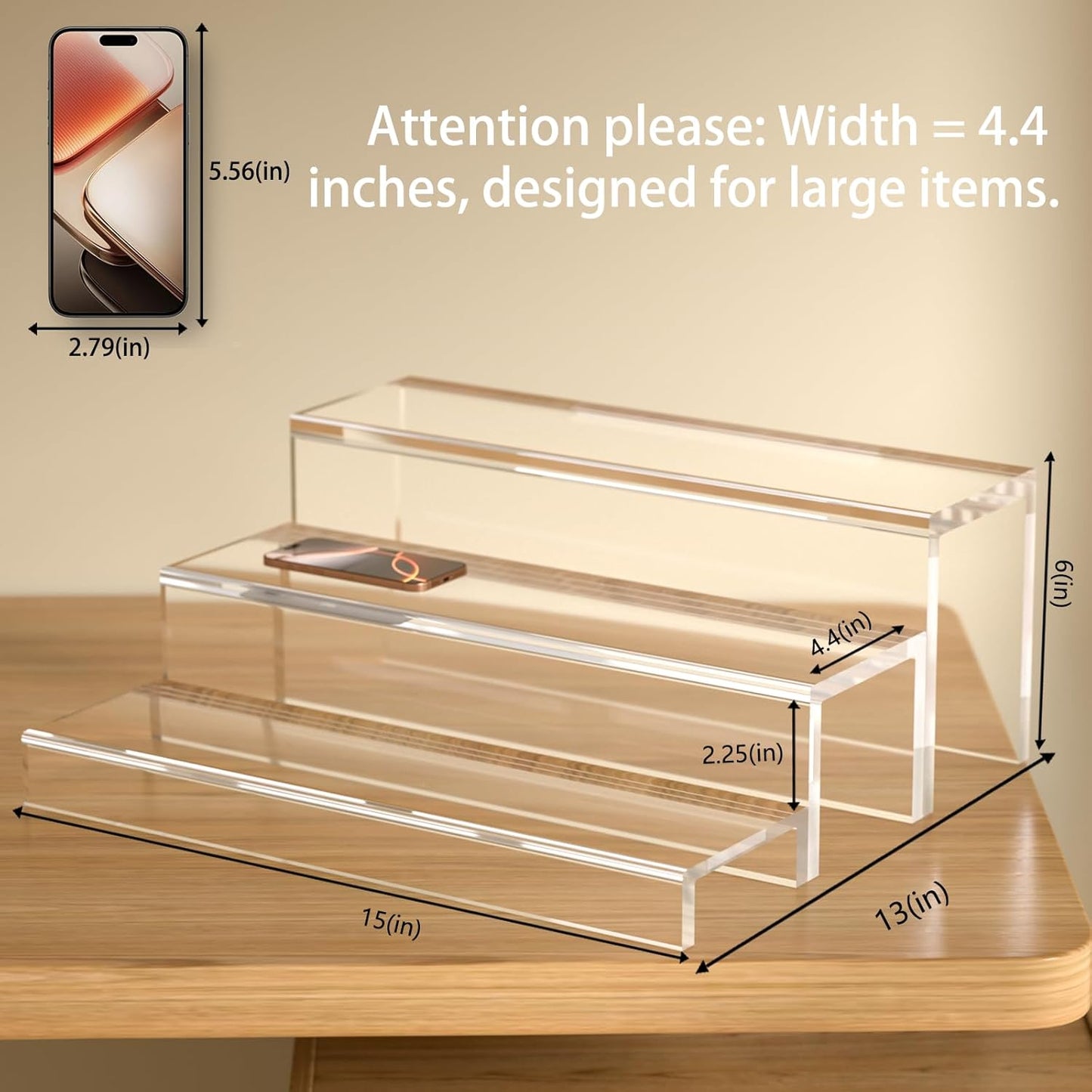 2 Pack Tiers Bar Shelves for Liquor Bottles, 15" Clear Acrylic Risers Display Racks Stands for Figures Pops Cupcake Perfume Collections (Clear)