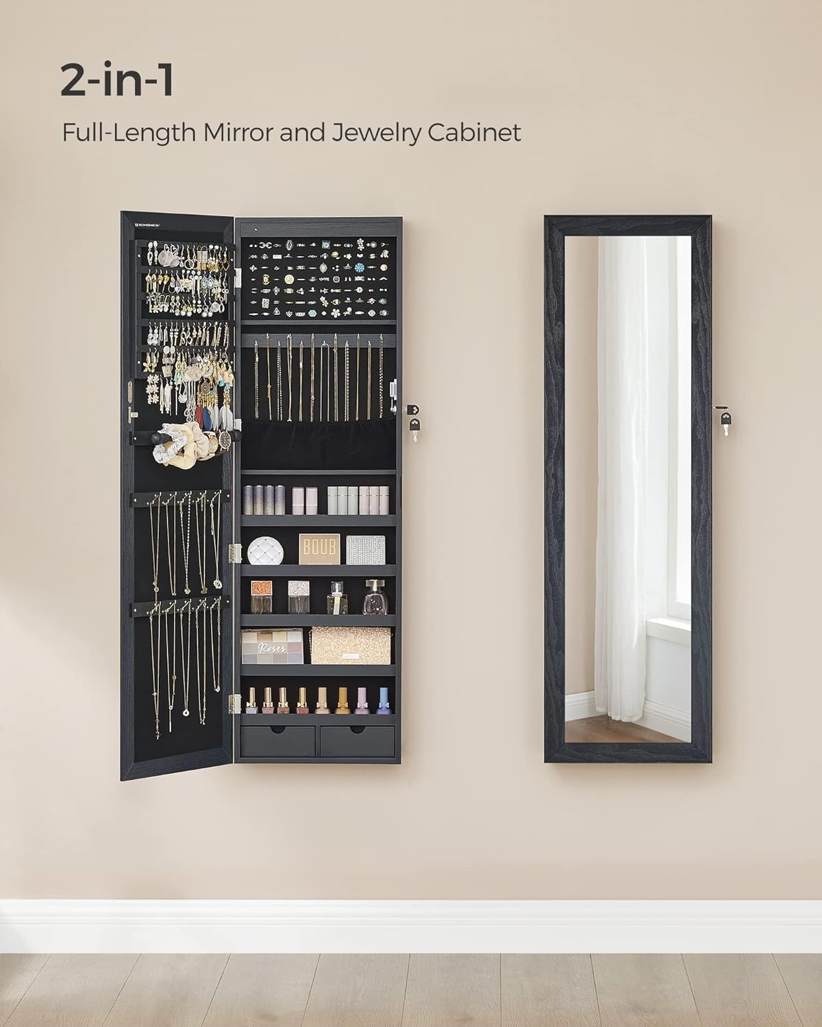 SONGMICS 6 LEDs Mirror Jewelry Cabinet, 47.2-Inch Tall Lockable Wall or Door Mounted Jewelry Armoire Organizer with Mirror, 2 Drawers, Christmas Gift, 3.9 x 14.6 x 47.2 Inches, Black