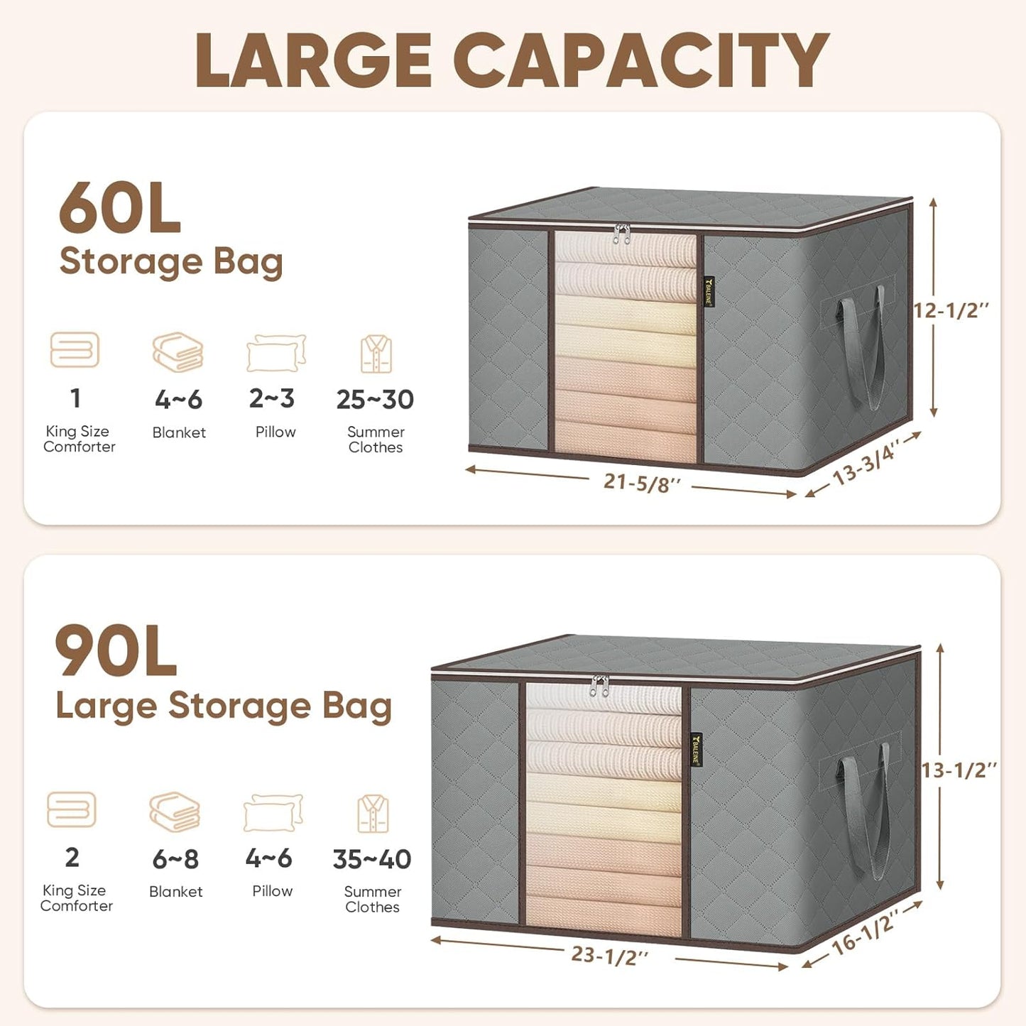 BALEINE 2 Pack Clothes Storage Bags, 24 Gallon Storage Containers with Reinforced Handle, Sturdy Zipper, Closet Organizer for Blanket, Comforter, Pillow, Bedding (Grey, 2 Pack)
