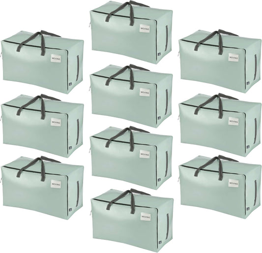 VENO 10 Pack Moving Bags and Large Christmas Decoration Storage Bins with lids. Alternative to Moving Boxes, Packing Supplies for College. Heavy Duty Totes (Shiny Light Green, 10 Pack)
