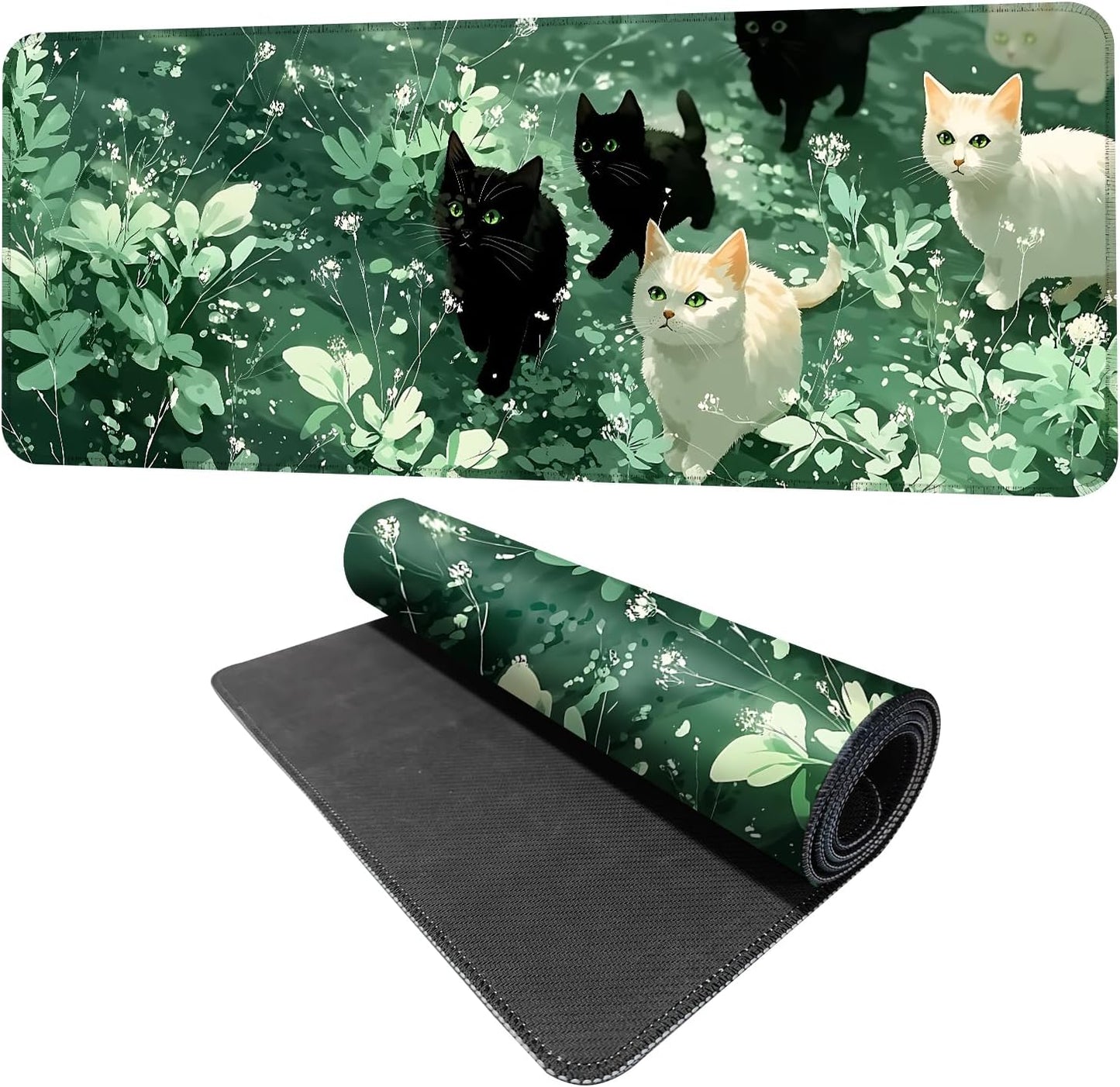 Cute Cat Mouse Pad Large Gaming Desk Mat - Kawaii Black and White Cats in Green Forest, Extended XL Mousepad with Non-Slip Rubber Base for Office, Home, PC, Laptop