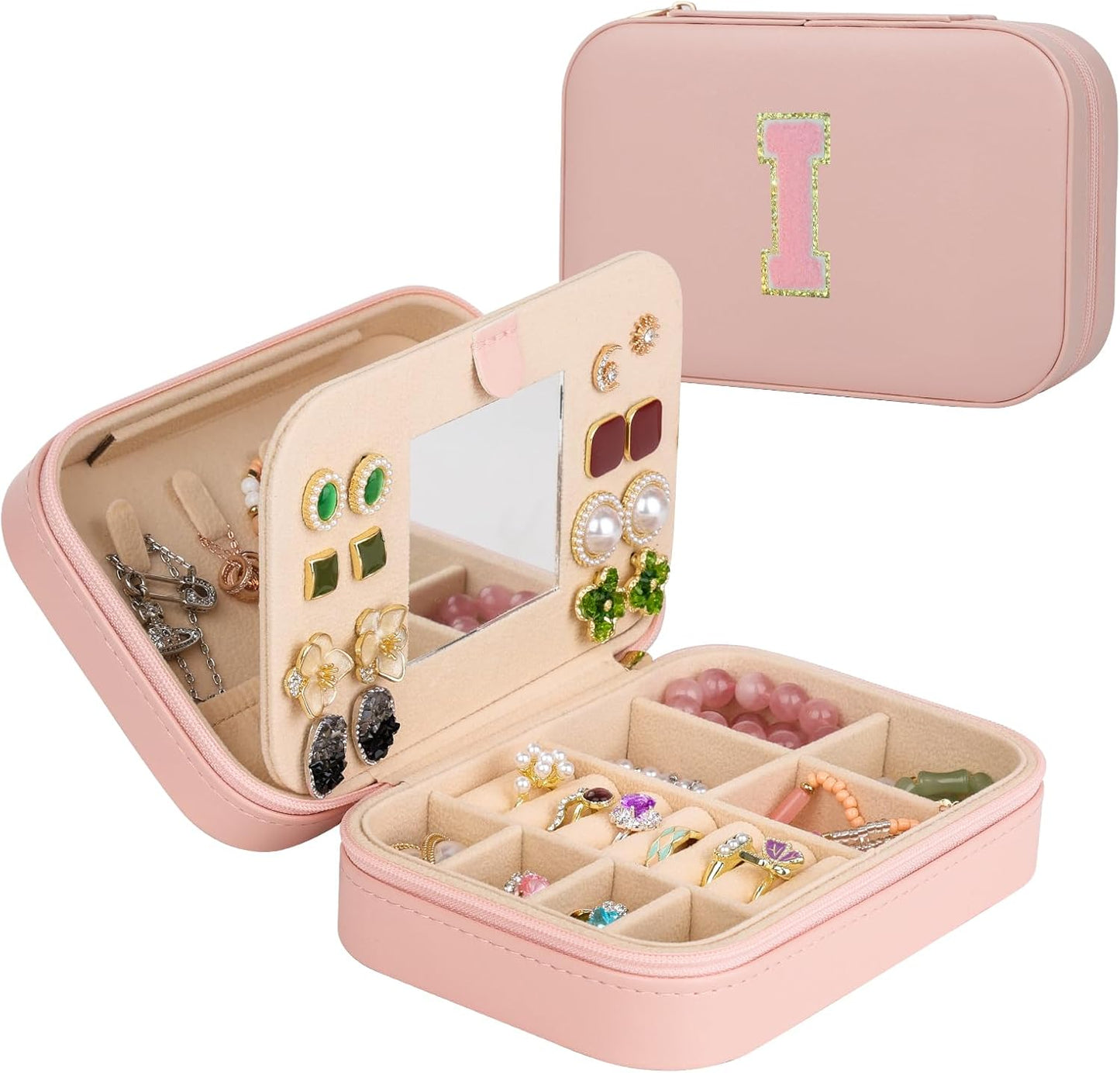 TopPerfekt Travel Jewelry Case Travel Jewelry Box With Mirror, Jewelry Organizer Bridal Shower Gifts To Her, Earring Travel Case, Trendy Gift for Women and Girls (I, Pink)
