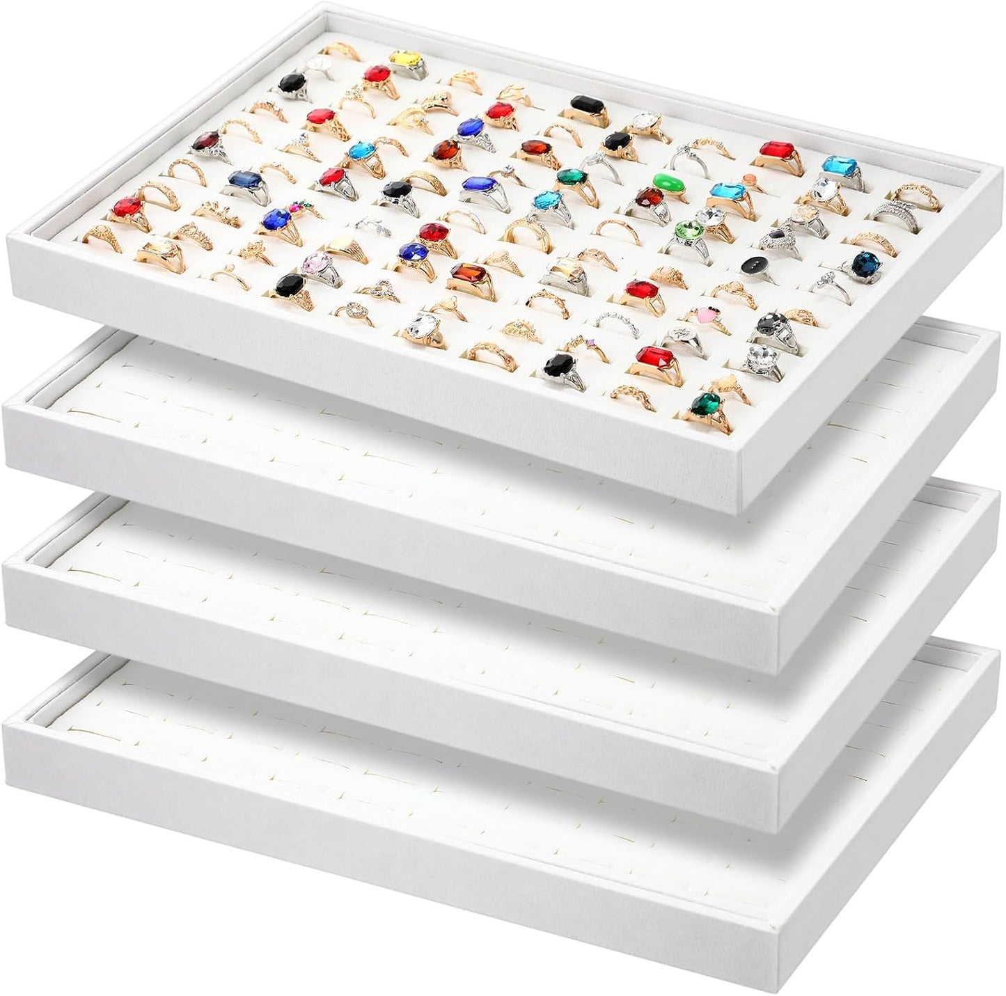 Wenqik 4 Pcs Cardboard Ring Holder with Velvet Lining, 100 Slot Inserts Stackable Ring Display Tray,13.8 x 9.4 x 1.2 inch (White)