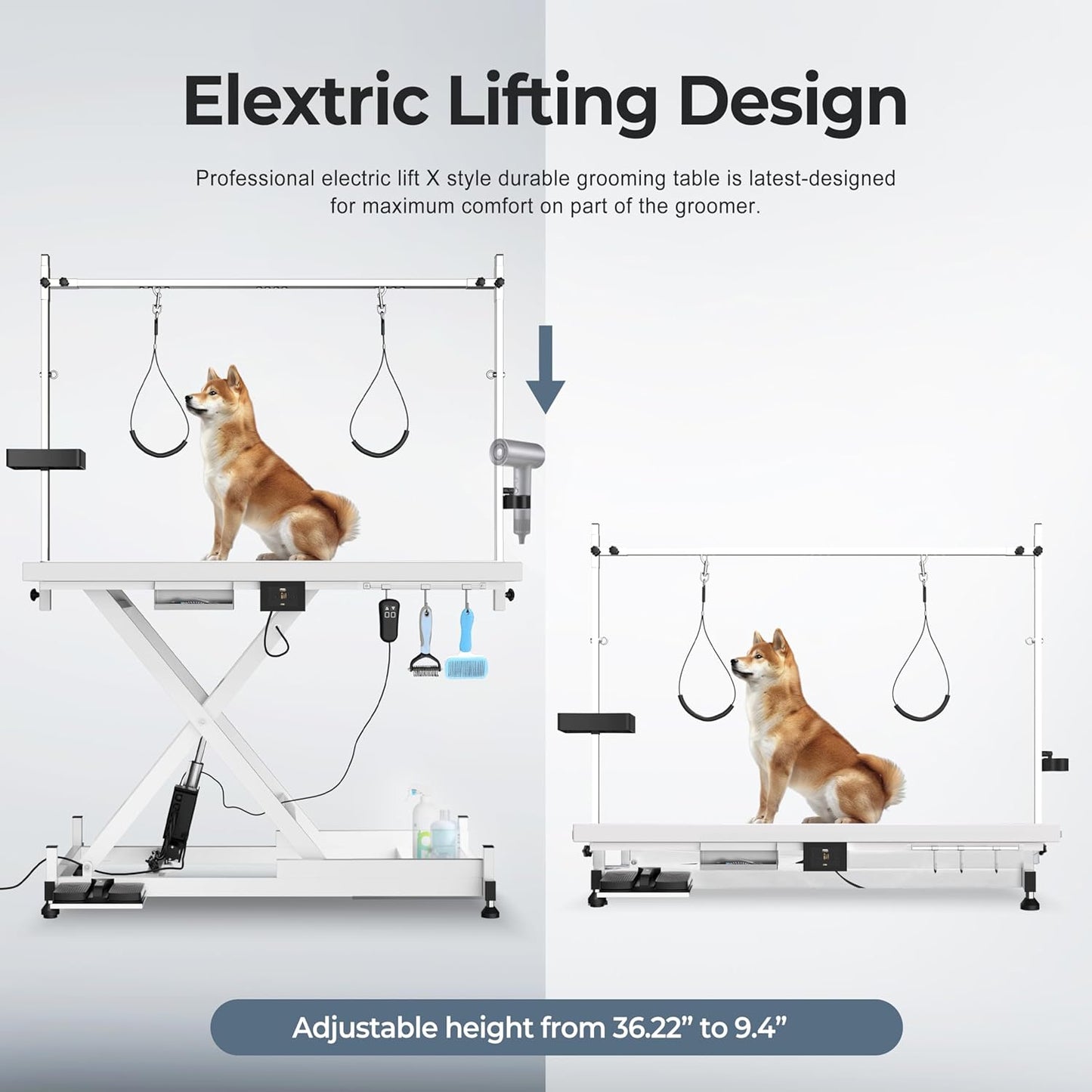Electric Lift Dog Grooming Table, Upgrade 50 Inch Heavy Duty Professional Pet Grooming Table with Tool Organizer for Large Dogs at Home with Adjustable Overhead Arms and 2 Grooming Noose, White