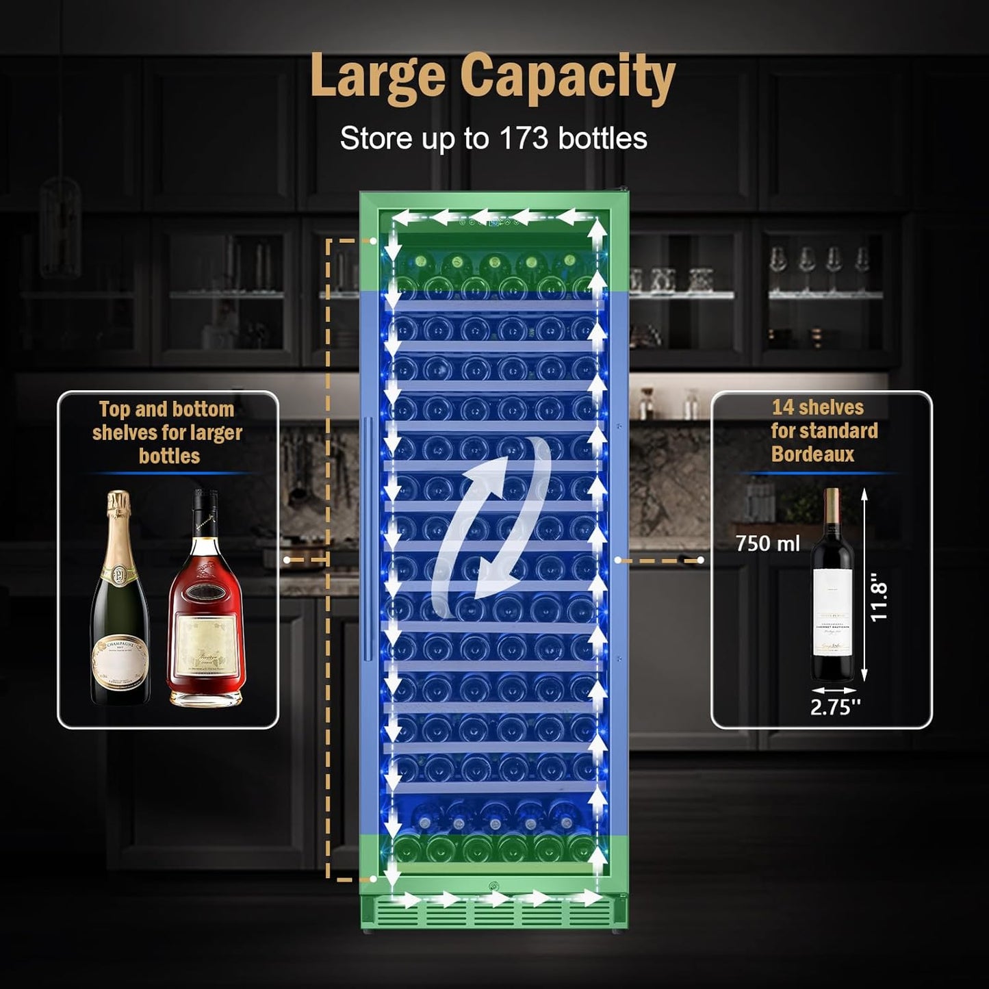 Wine Fridge Freestanding,173 Bottles 24 Inch Wine Cooler Refrigerator, Tall Wine Fridge with Compressor Low Noise Fast Cooling, Wine Cellar with Upgraded Door Handle Sliding Rail Shelves