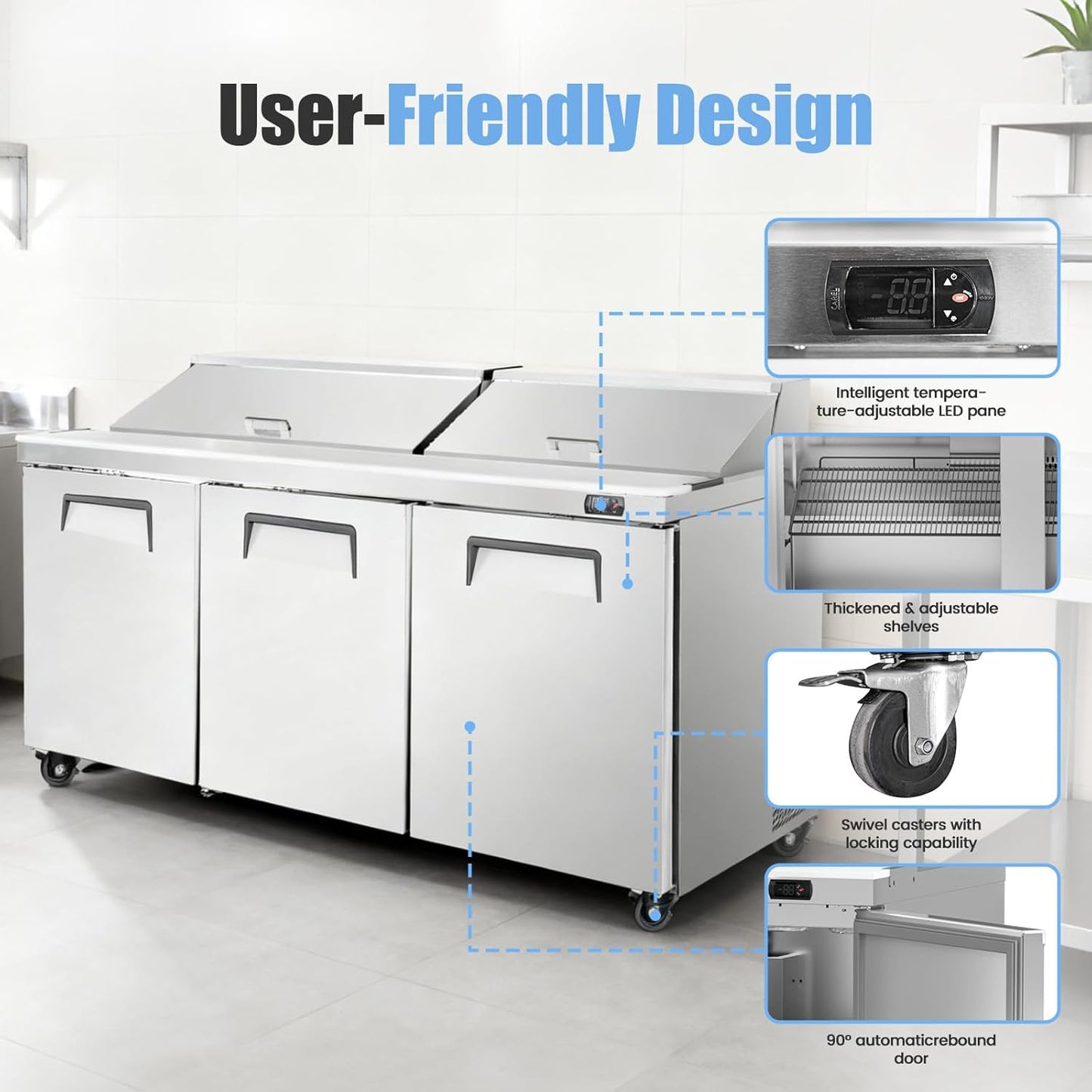72" W Commercial Refrigerator Sandwich Salad Prep Table, Stainless Steel 3-Door Sandwich Prep Table Refrigerator, Counter Fan Cooling Refrigerator with 18 Pans for Restaurant, Bar