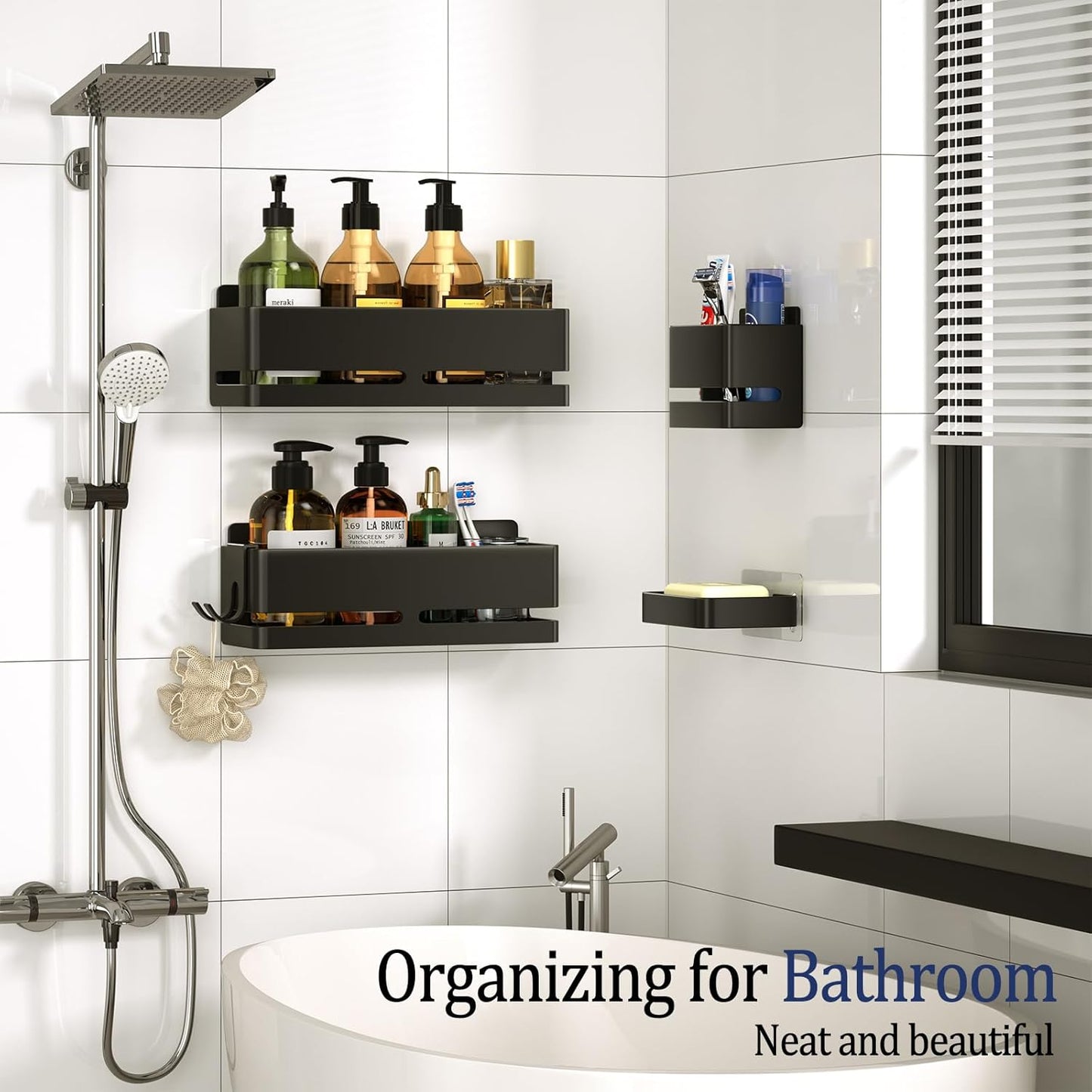 Bathroom Storage Rack (5-Piece Set), Wall-Mounted Shelf with soap Dish and Toothbrush Holder, no Drilling Required, Ideal for Bathroom Storage and Also Suitable for Kitchen (Black)