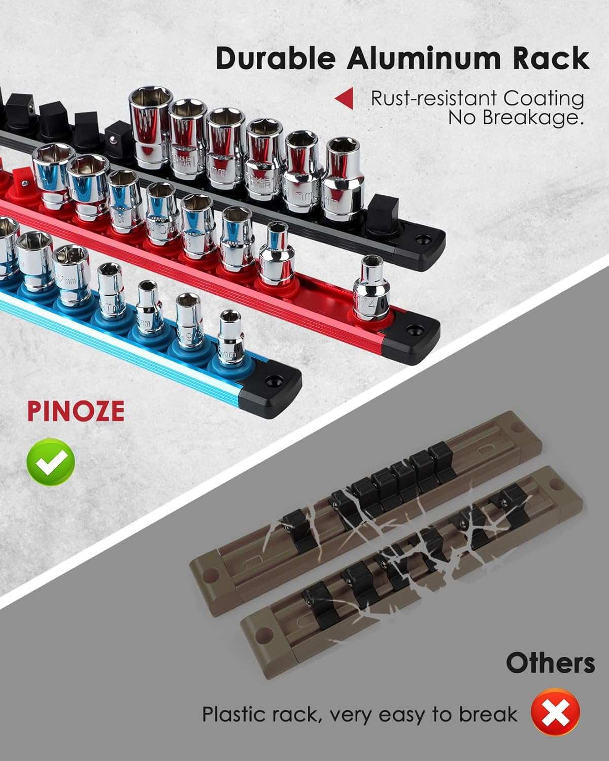 8PCS Magnetic Socket Holder Organizer Set - 1/4, 3/8, 1/2 - Aluminum Alloy Socket Rail Trays for Tool Box Drawer, Socket Rack Kit with 114Pcs Clips for Automotive Garage(Blue Red Black)