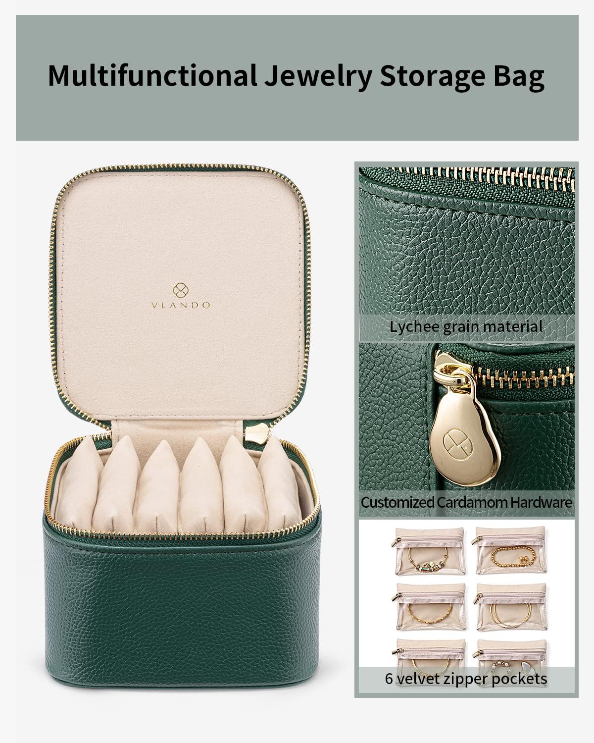 Vlando Gifts for Teachers,Travel Jewelry Box with 6 Velvet Jewelry Zipper Pockets Jewelry Case Premium Petal Hardware Travel Jewelry Organizer Graduation Gifts (Green)