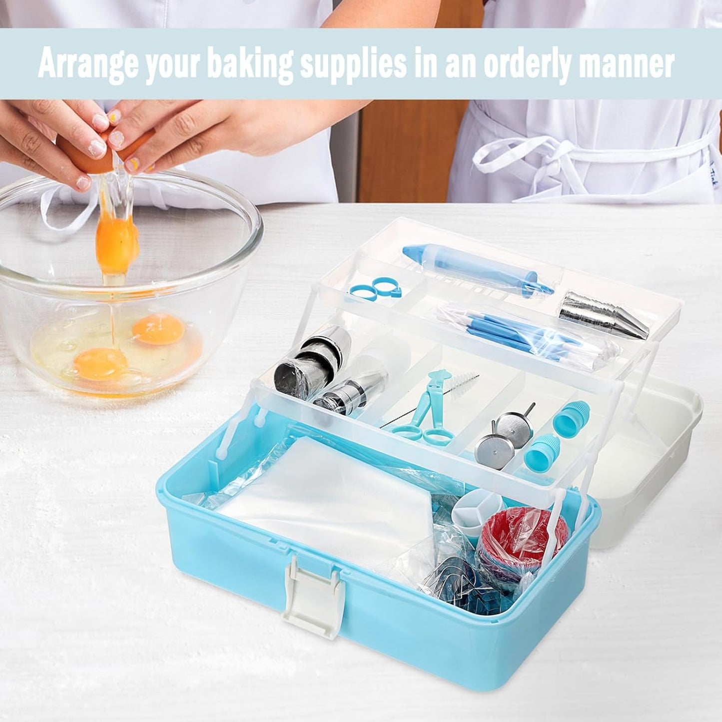 3-Tier Baking Supplies Storage Case Cake Plastic Decorating Tool Storage Box with Handle Folding Craft Organizer for Baking Accessories Snacks
