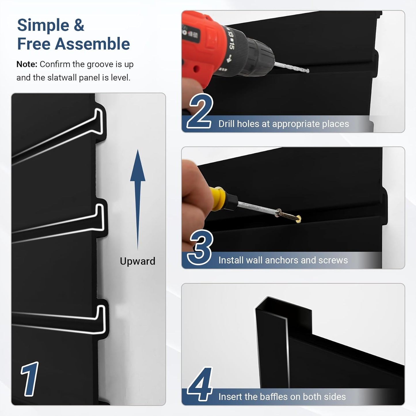4FT x 2FT Black PVC Slatwall Panel, Modern Wall-Mounted Garage Storage System, 1 Shelf, 75 lbs Weight Capacity