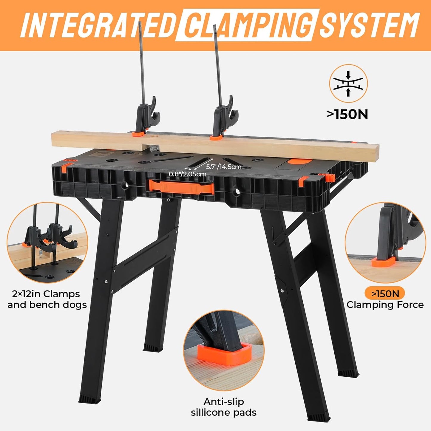 TLGREEN Folding Work Table,Express Portable Workbench, 34" W x 22" D x 31" H Lightweight Workbench with 2 Clamps Dogs, 2 Clamp,Power Strip,for Garage,Table Saw,Home,Workshop,330lbs Load Capacity