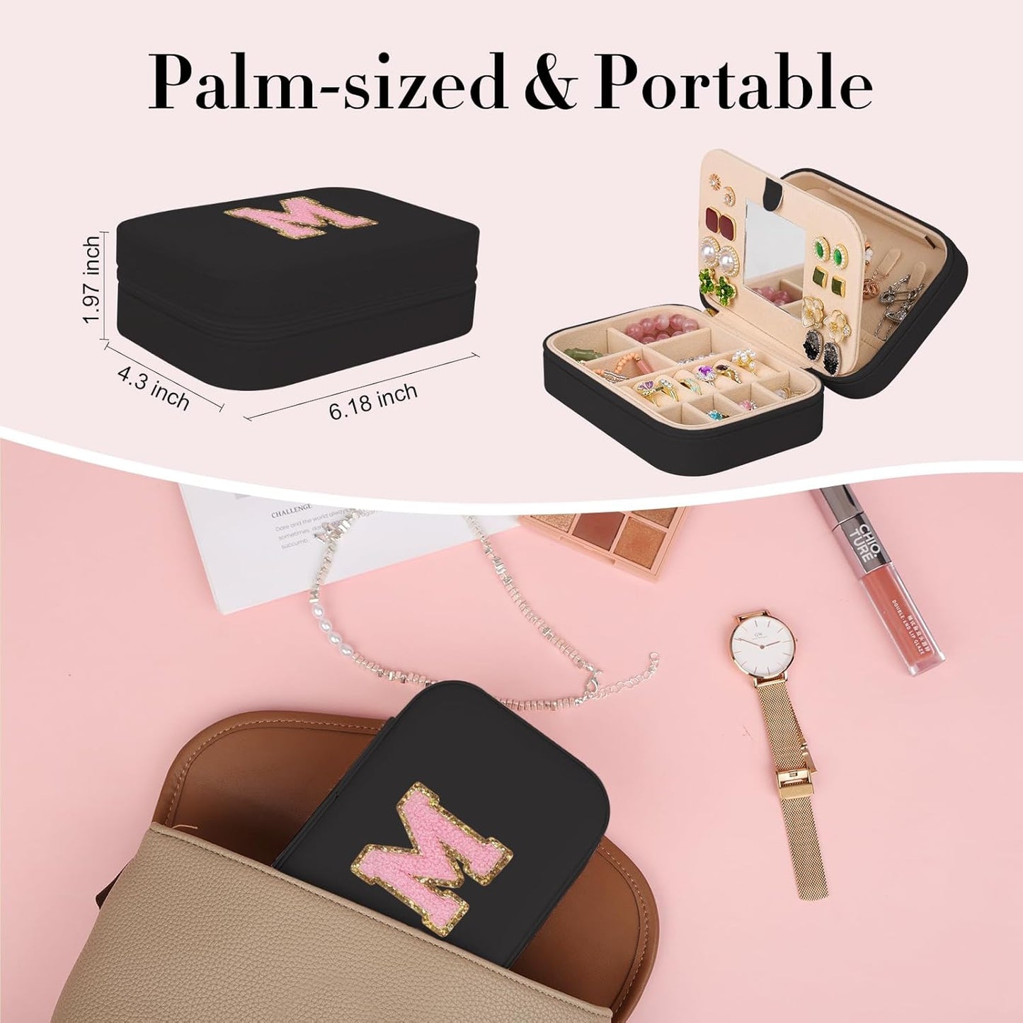 TopPerfekt Travel Jewelry Case, Jewelry Box with Mirror, Jewelry Organizer Bridal Shower Gifts to Her, Earring Storage Travel Case, Trendy Gift for Women and Girls, Girlfriend-Letter M, Black