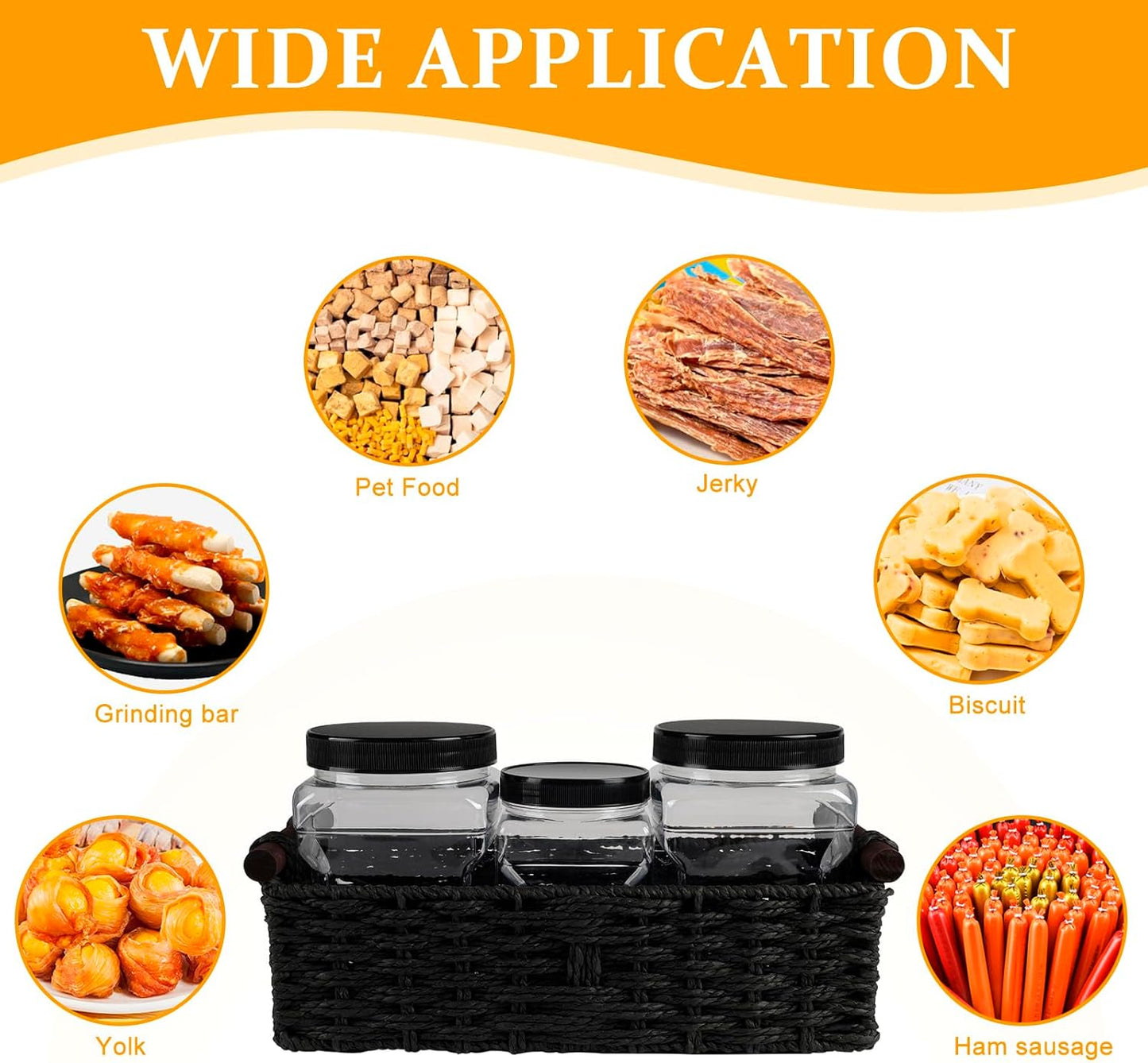 Geyecete Dog Treat Container for Countertop 3 Pack Clear Plastic Jars with Lids Pet Snack Organizer 32 Oz Square Containers with storage baskets