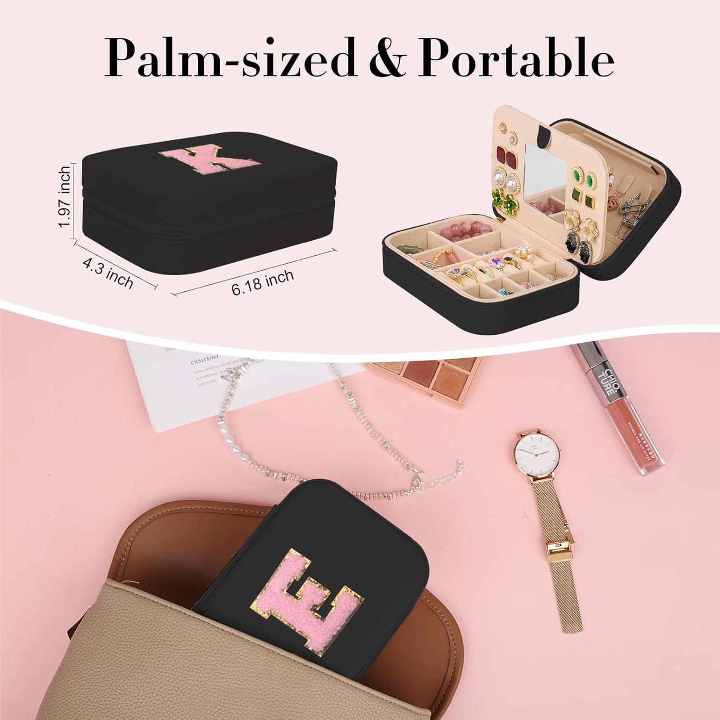 TopPerfekt Travel Jewelry Case, Jewelry Box with Mirror, Jewelry Organizer Bridal Shower Gifts to Her, Earring Storage Travel Case, Trendy Gift for Women and Girls, Girlfriend-Letter E, Black
