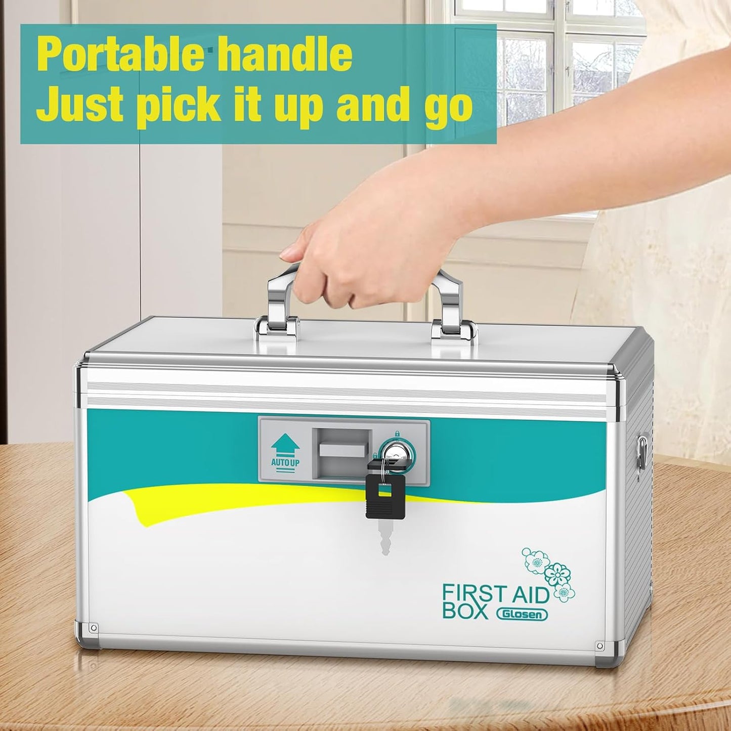 Glosen Medicine Lock Box,locking medicine box, Security Lock Boxes【Large 14x8.5x7.5 Inches with removable storage pocket】 lock box, First Aid Key Safe Box for Medication