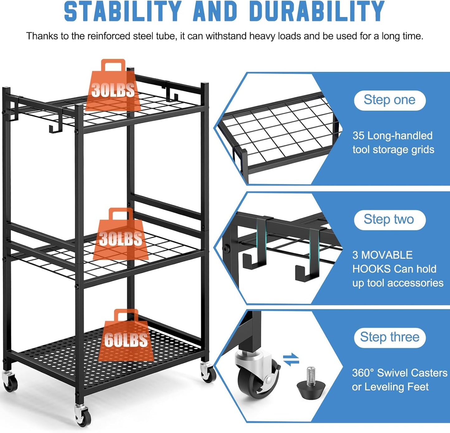 Garden Organizer With Wheels, Yard Tower Rack for Garage Storage, Up to 35 Long-Handled Tools, Sturdy Metal Steel Holder With 3 Hooks, Outdoor, Black