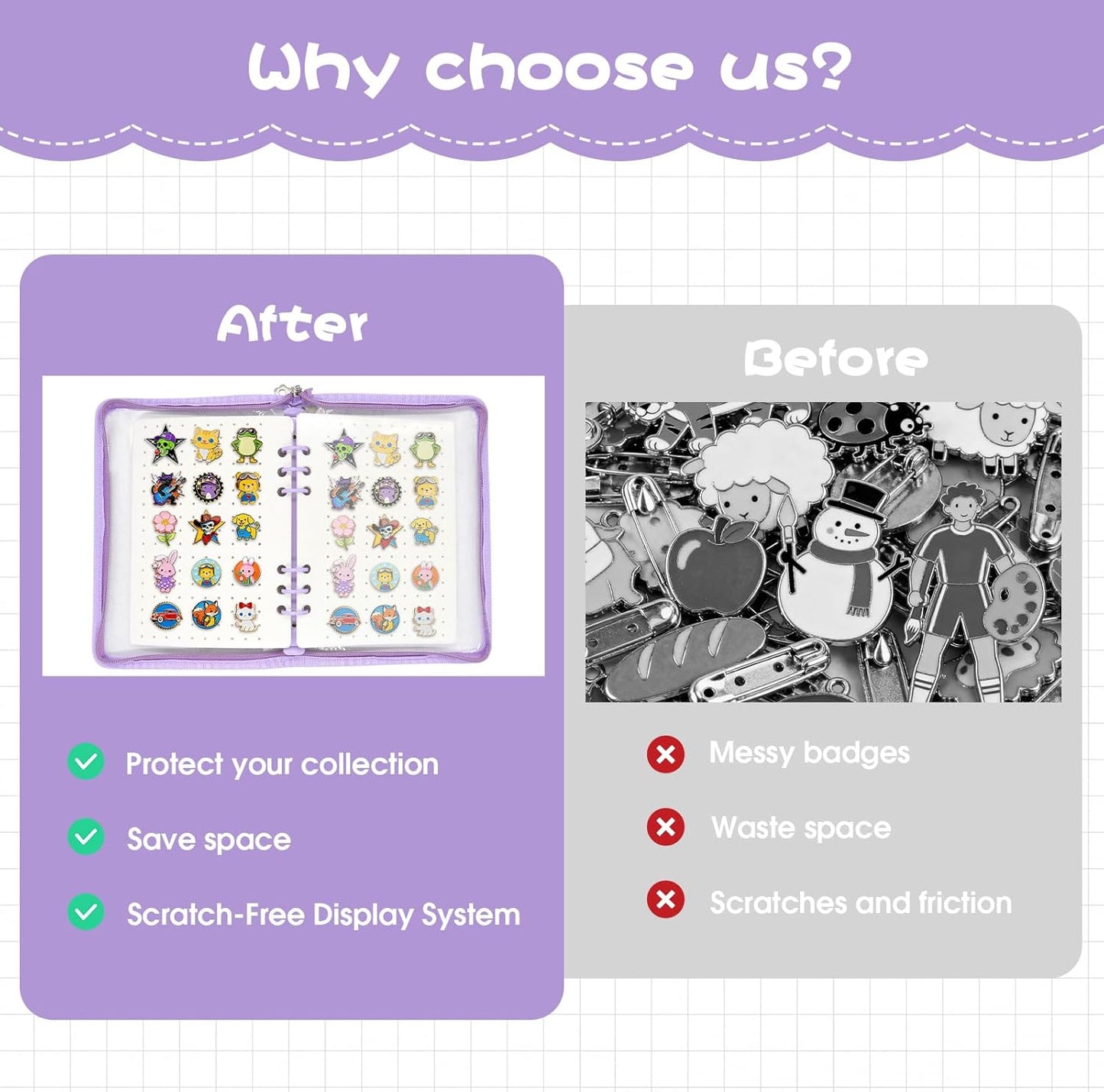 Enamel Pin Display Book - Portable 6 Pages A5 Enamel Pin Collection Holder Trading Book for Storing Pins Brooches Patches, Pin Storage Organizer for Travel Collectors (Purple)
