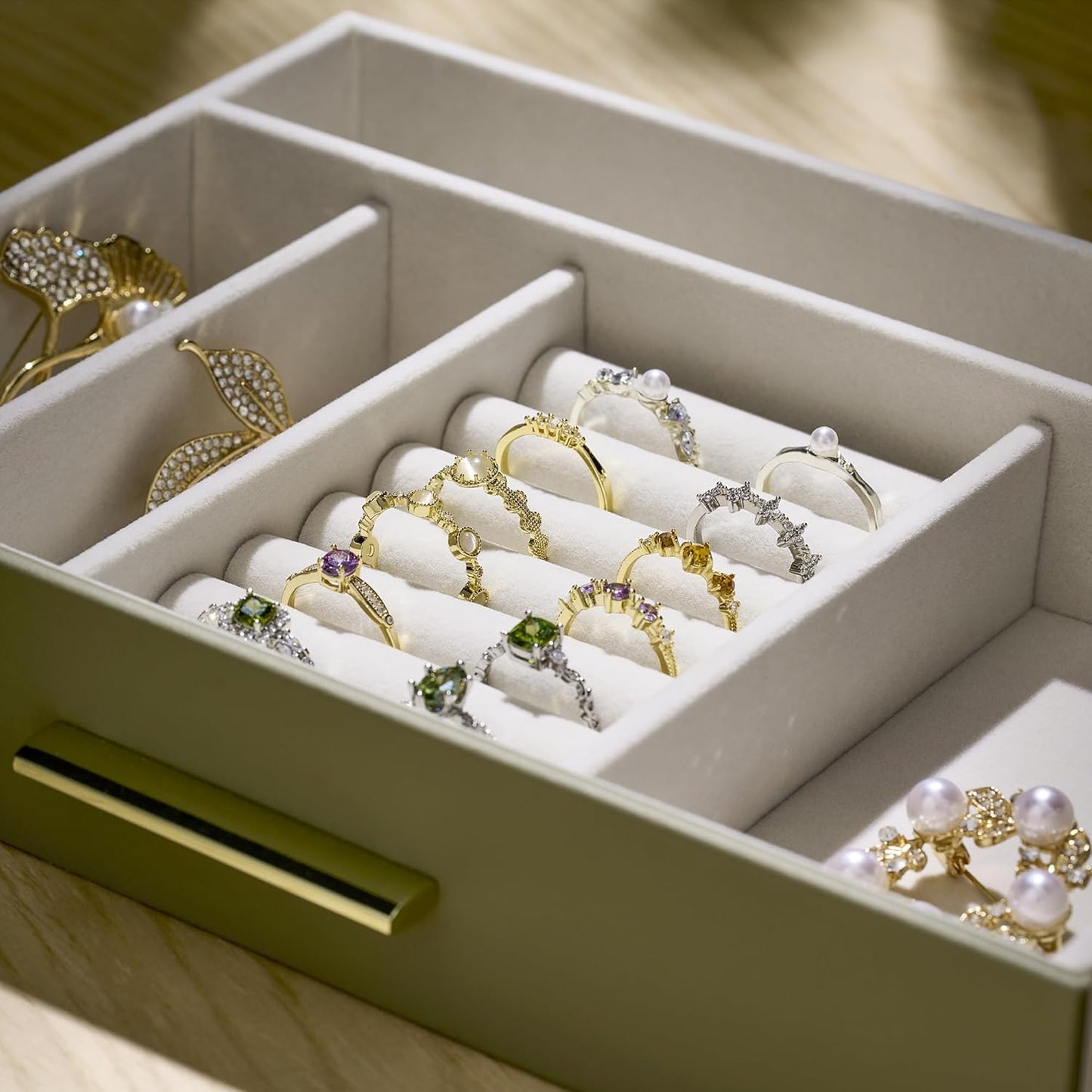 Jewelry Box Organizer Case for Women: 5-Layer Jewelry Storage Case with Glass Window, Olive Green Leather with Cream Velvet, Holder for Ring Necklace Bracelet Brooch Watch, Great Gift for Her