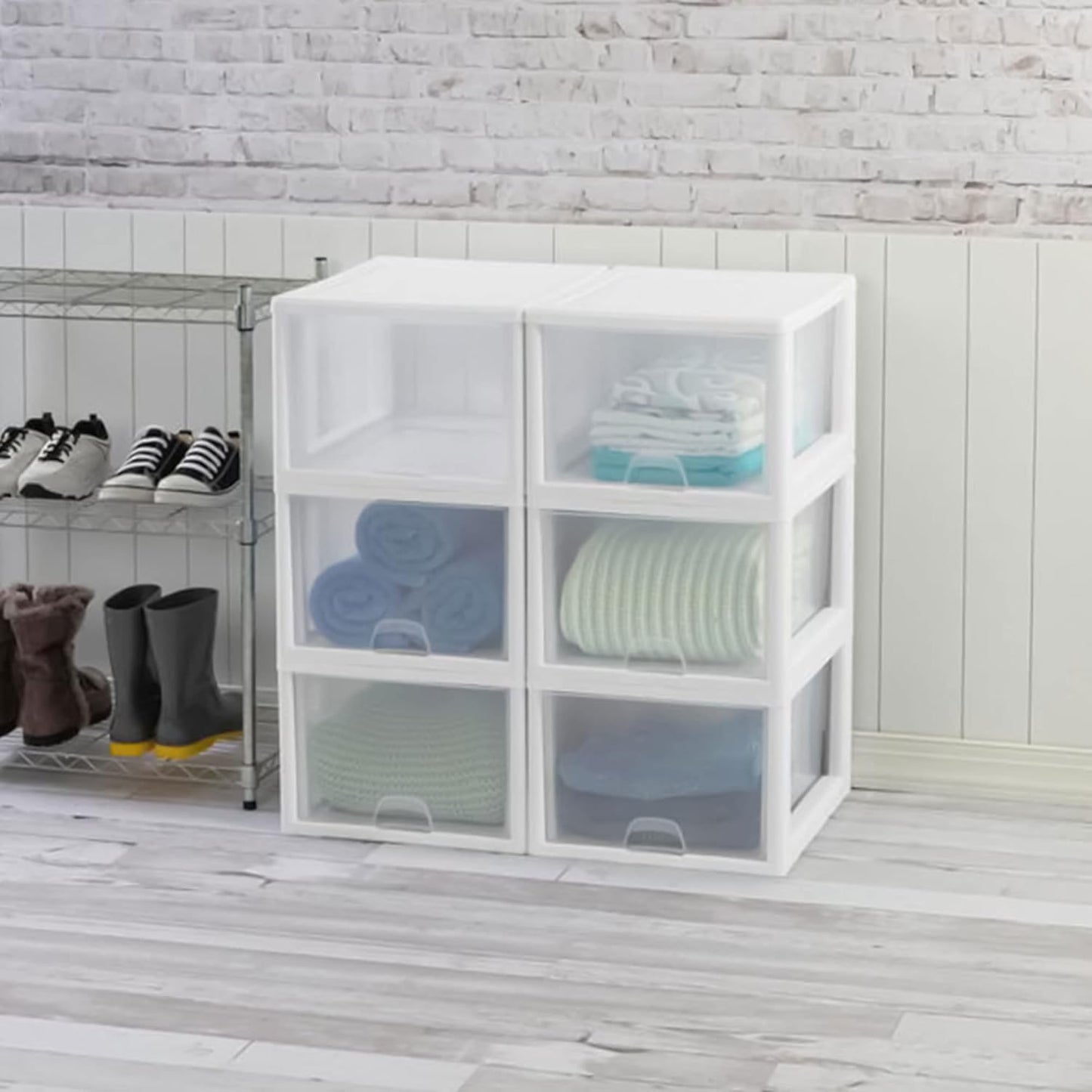 Sterilite 27 Qt (4 Pack) and 16 Qt (6 Pack) Clear Plastic Stackable Organizer Drawers, White