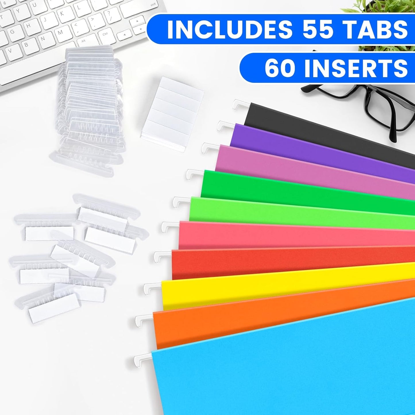 50-Pack Assorted Hanging File Folders, Letter Size with 55 Transparent Label Cards, 60 Sticker Labels,1/5-Cut Tabs–Home Office & Filing Cabinets