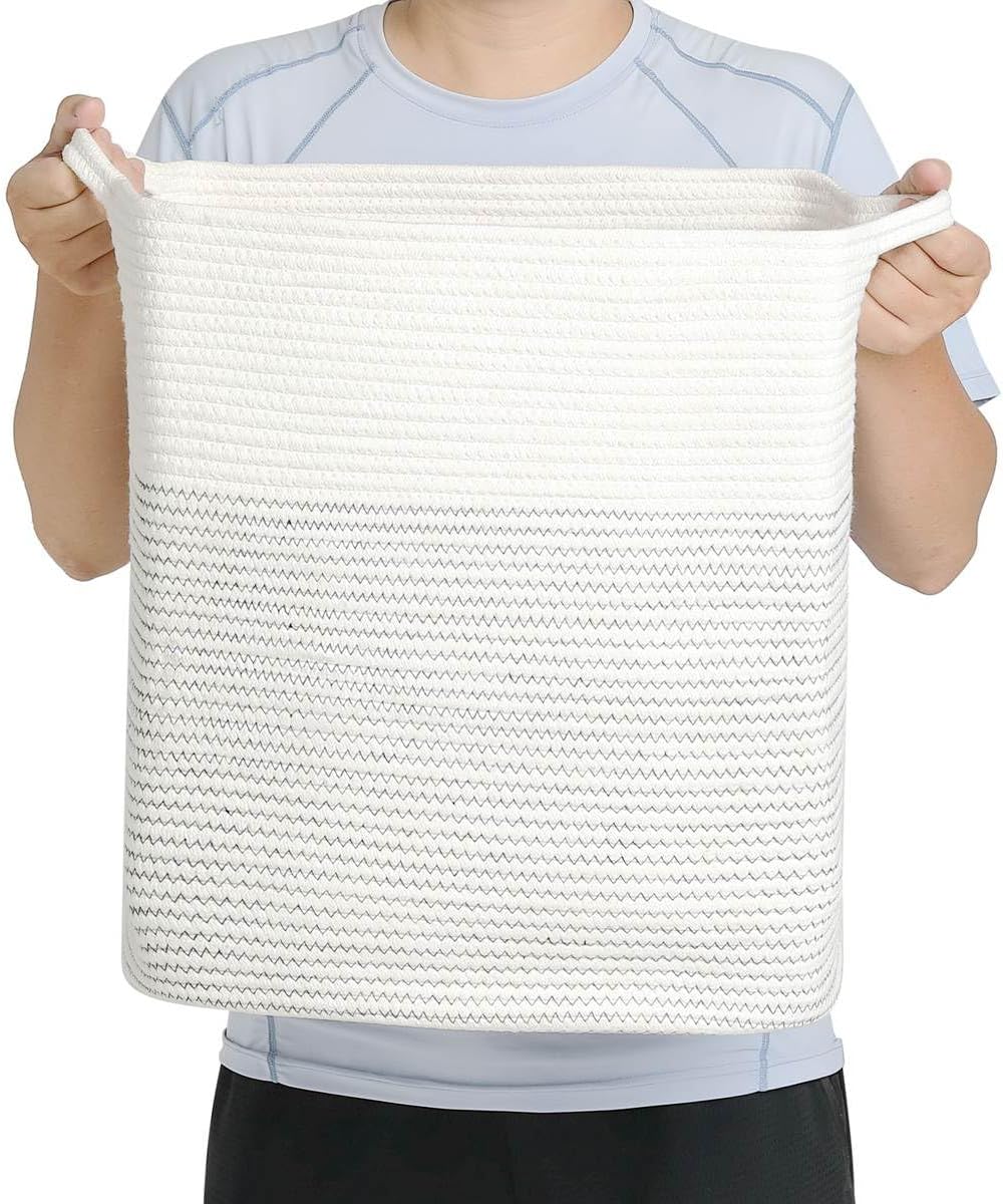 Tall Laundry Basket With Handles,Woven Cotton Rope Big Laundry Hamper Sorters,Versatile Storage for Dirty Clothes,Baby Toys,and Blankets in Bathroom, Nursery,and Living Room (White/Black Line, 68L)