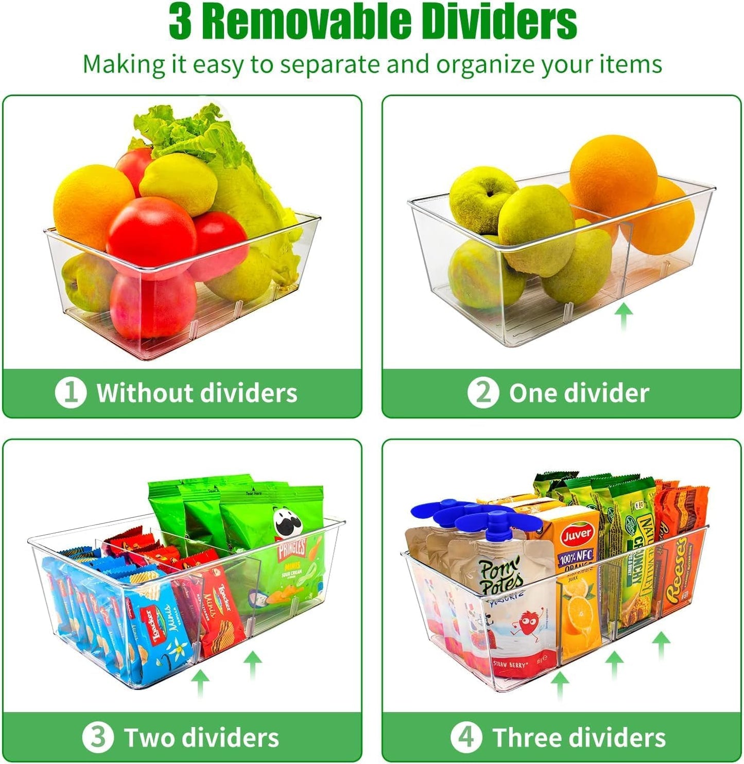 4 Pack Pantry Organizers and Storage,Snack Containers with 3 Dividers for Kitchen,Fridge,Refrigerator Organization and Storage,Clear Plastic Organizer Bins for Spice,Tea bag,Seasoning