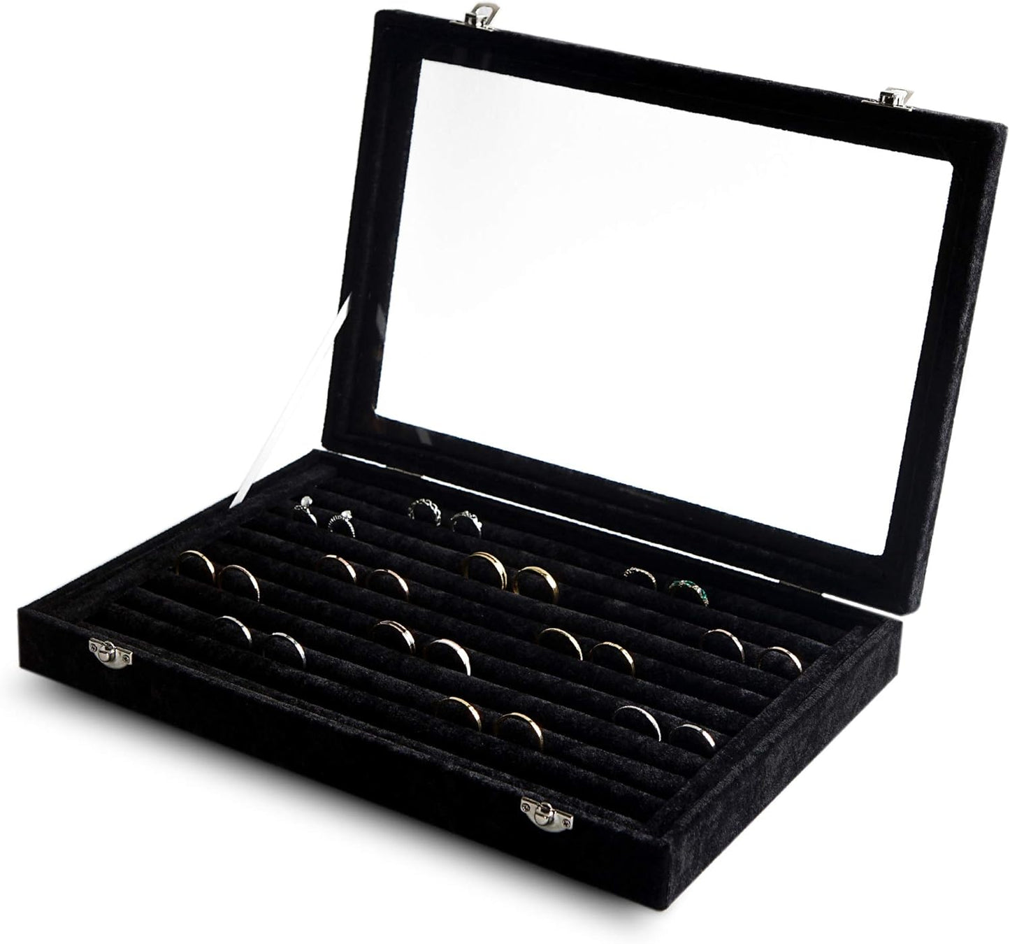 Frebeauty Rings/Earrings Organizer Tray with Clear Lid 10 Slots Velvet Drawer Insert Jewelry Storage box with Transparent Glass lid Jewelry Display Case Showcase Gift for Girls Women (Black, 10 Slots)