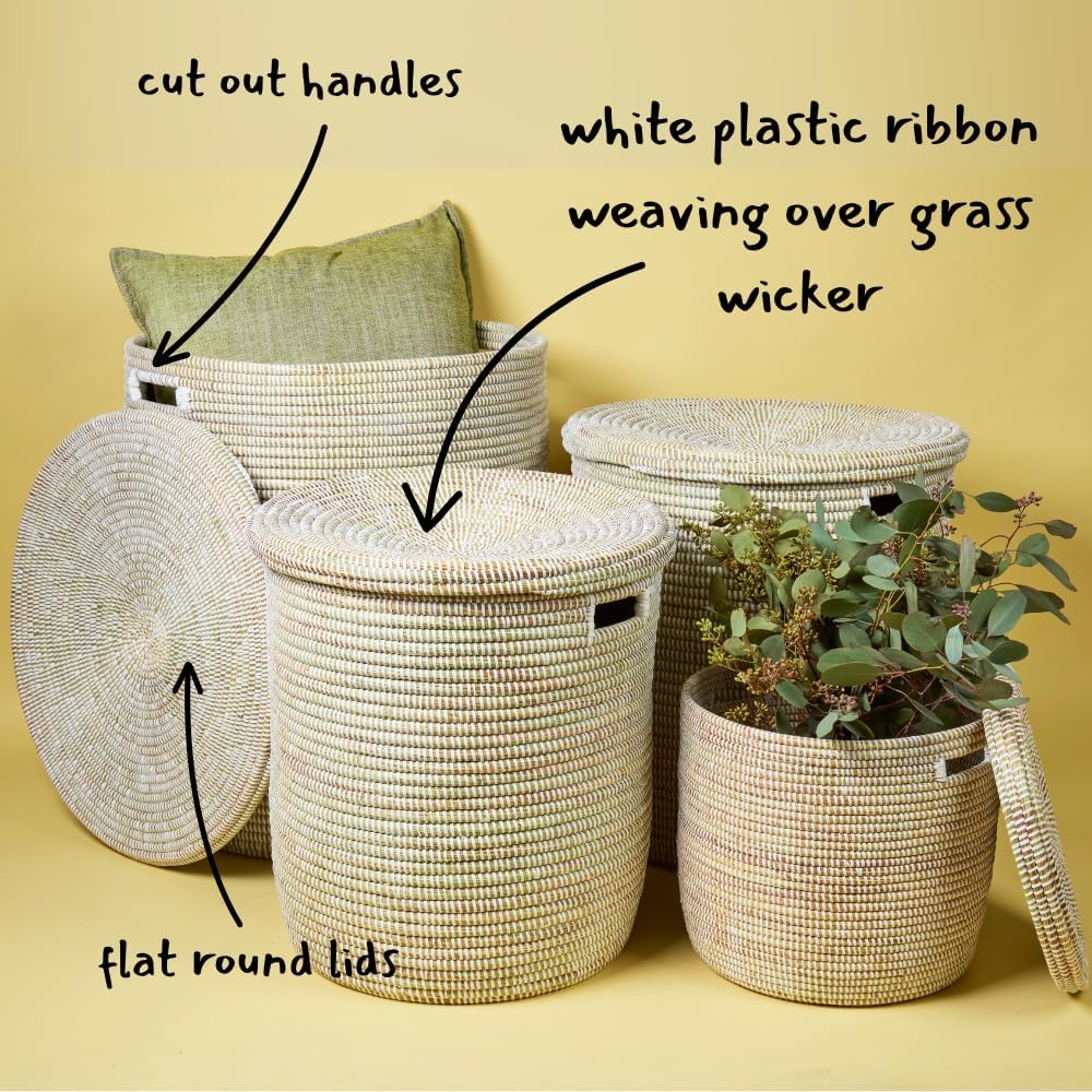 Storage & Organization, Decorative Baskets for your Home, Laundry Hamper, Baby Nursery Toys Bin, Living Room Blankets Storage, Towels Holder, Wicker, Woven, Lid, Wide, White, Set, 4pcs