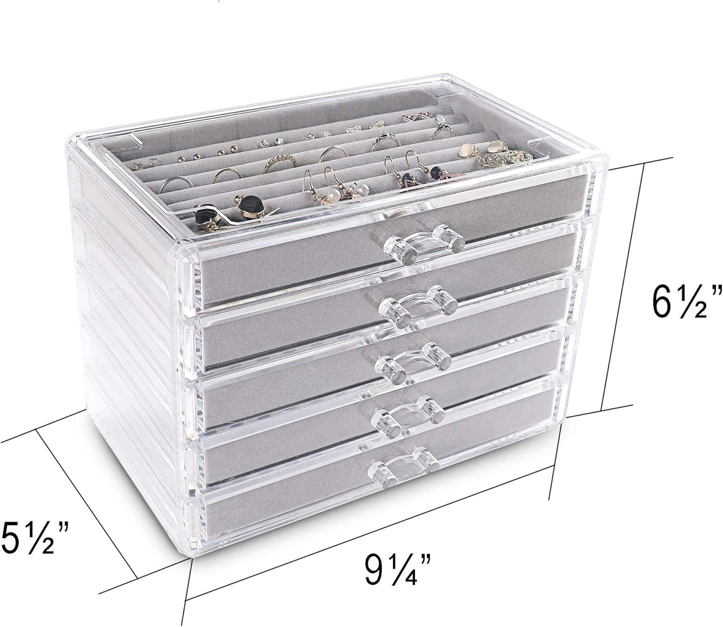 Frebeauty Extra Large Acrylic Jewelry Box for Women 5 Layers Clear Jewelry Organizer Velvet Earring Box with 5 Drawers Rings Display Case Necklaces Holder Tray for Women Girls (Grey)
