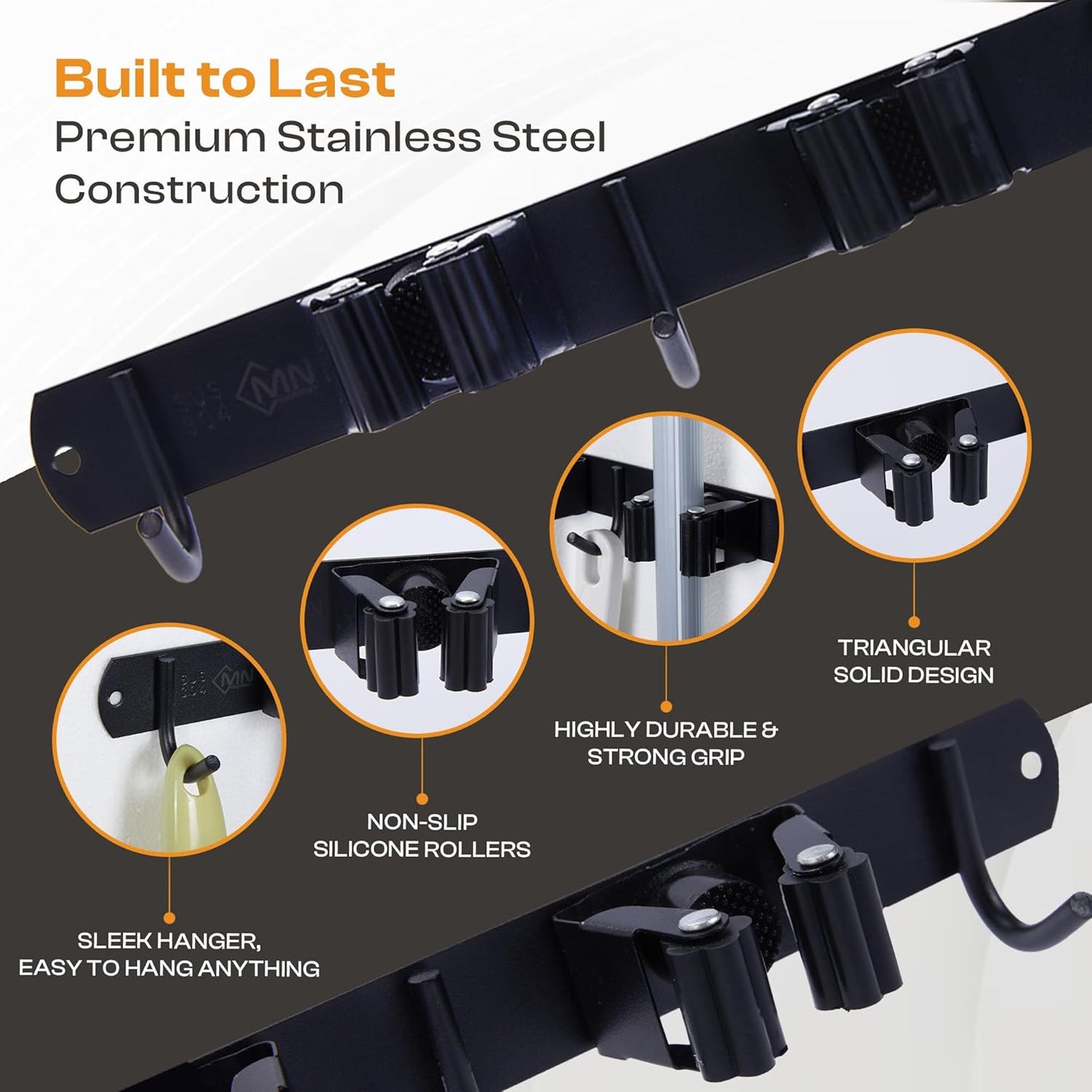 Heavy-Duty Stainless-Steel Broom Holder Wall Mount with 3 Racks and 4 Hooks | Waterproof Mop and Broom Hanger | Adjustable, Garage & Garden Tool Organizer | Black