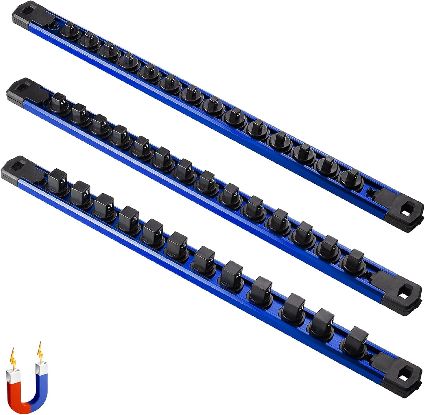 ALOANES 3-Piece Magnetic Socket Organizer, Heavy Duty Aluminum Socket Rails Organizer, 360° Swivel Clips Socket Holder Kit for Tool Box, 1/2, 3/8, 1/4-Inch Socket Holder x 40 Clips (Blue)