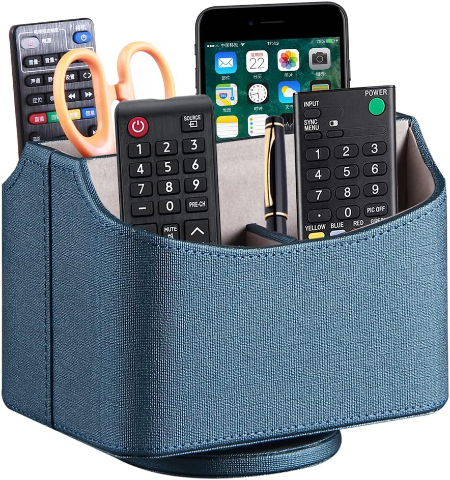 PUSU Remote Control Holder PU Leather 360 Degrees Rotatable Desktop Supply Organizer Storage Box for Controllers Media Stationery Nightstand TV Caddy E-reader iPad Phone Pen/Pencil Cosmetic