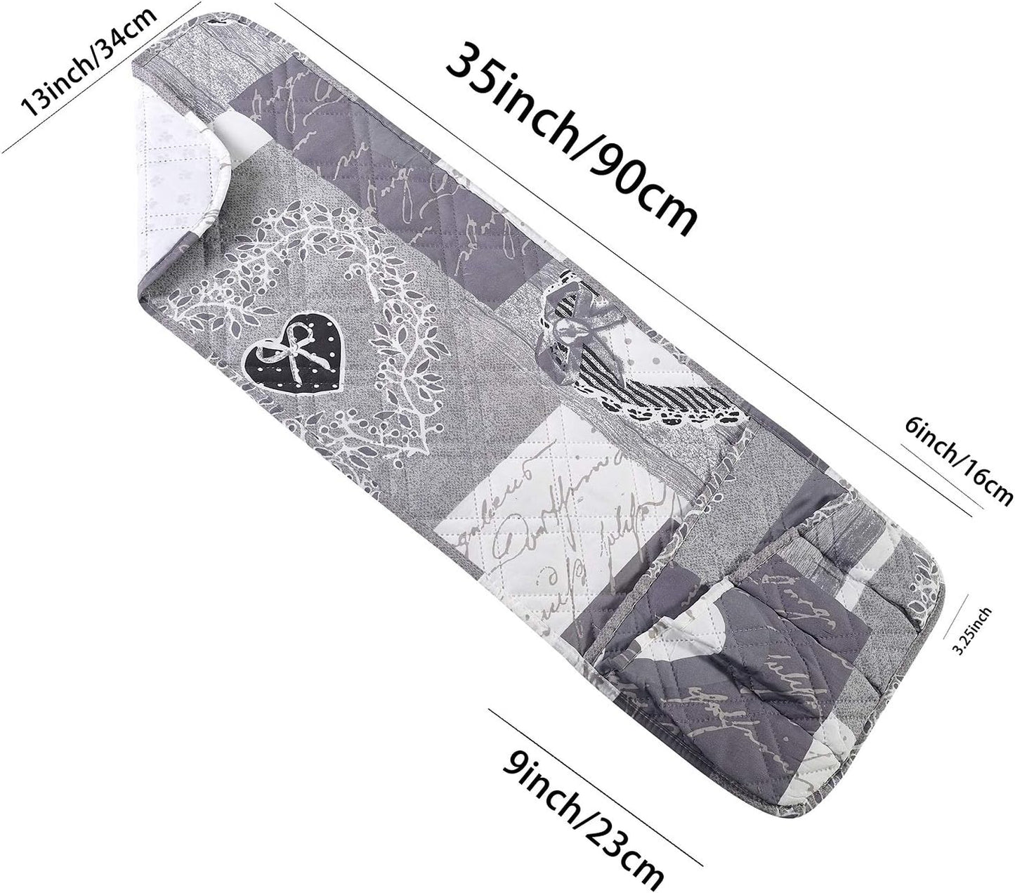 Brilliant Sunshine Grey Heart Love Patchwork Couch Armrest 5 Pockets Organizer, Slip Resistant Armchair Caddy, Washable Remote Controls Holder, Storage for Magazine, Tablet, Phone, 35×13", Grey White