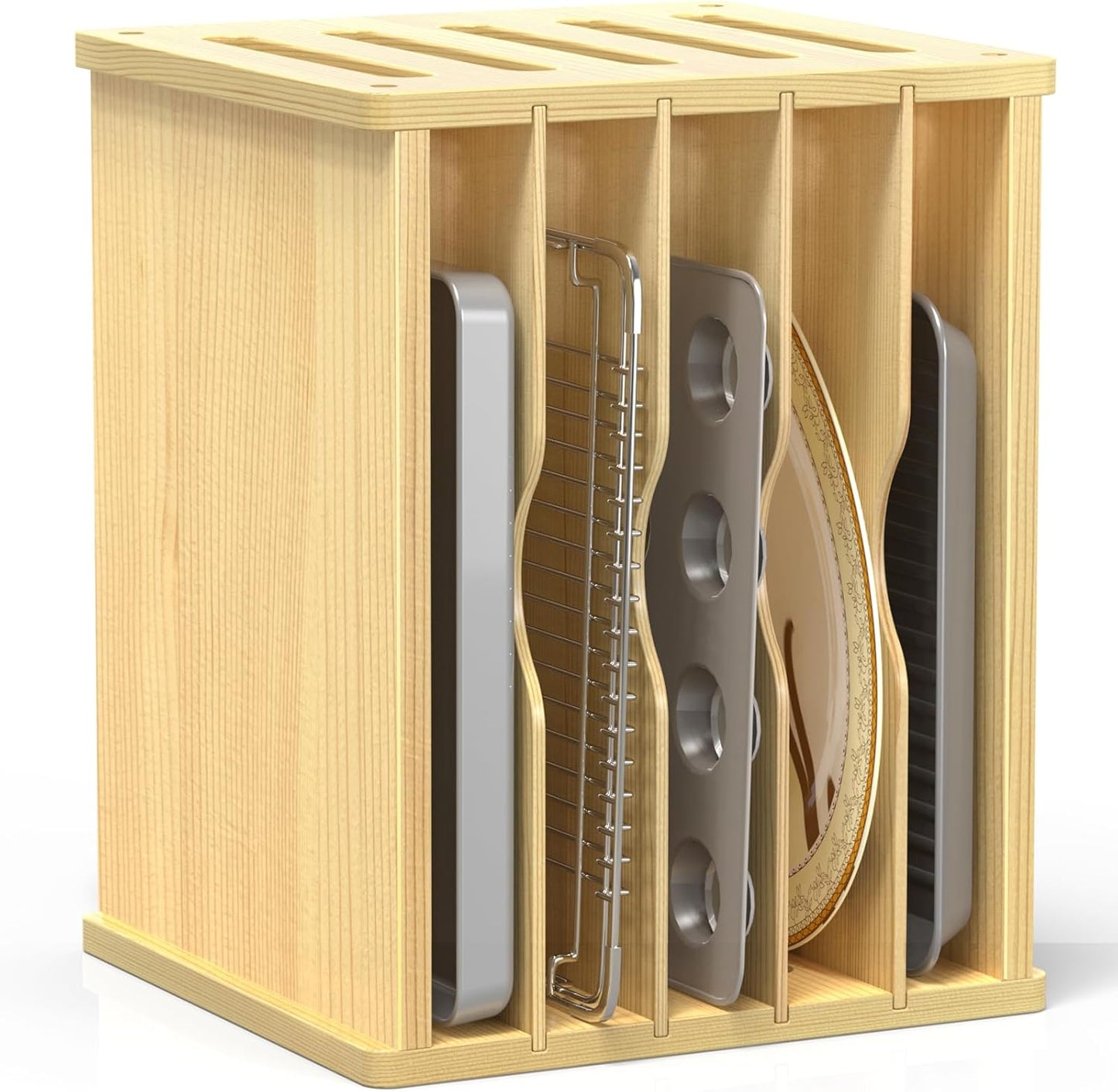6 Tier Wooden Cabinet Tray Dividers, Kitchen Vertical Tray Divider Organizer, Storing pans, Baking trays, Cutting Board
