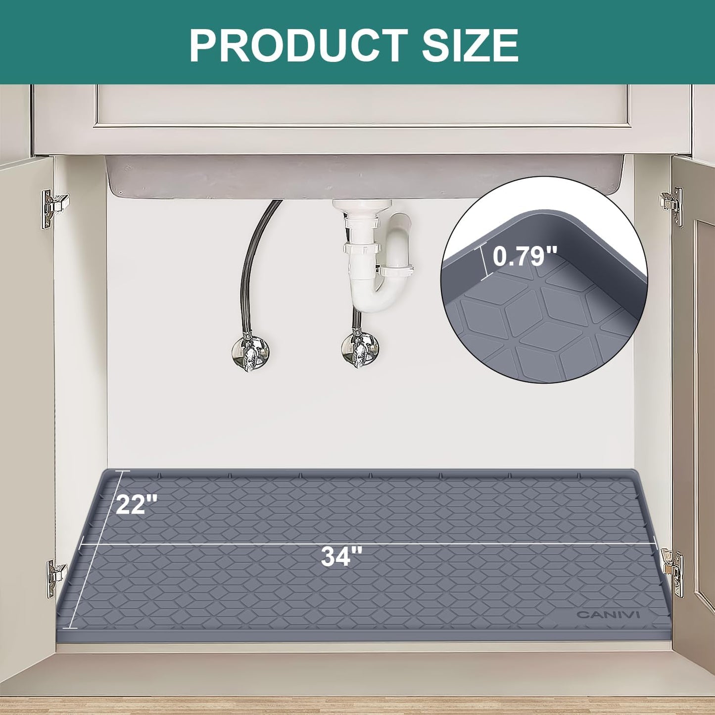 Under Sink Mat, 34" x 22" Waterproof Silicone Under Sink Tray for Kitchen & Laundry Cabinets, Kitchen Cabinet Shelf Protector, Up to 3.3 Gallons Liquid, Fits 36 inch Standard Cabinet(Grey)