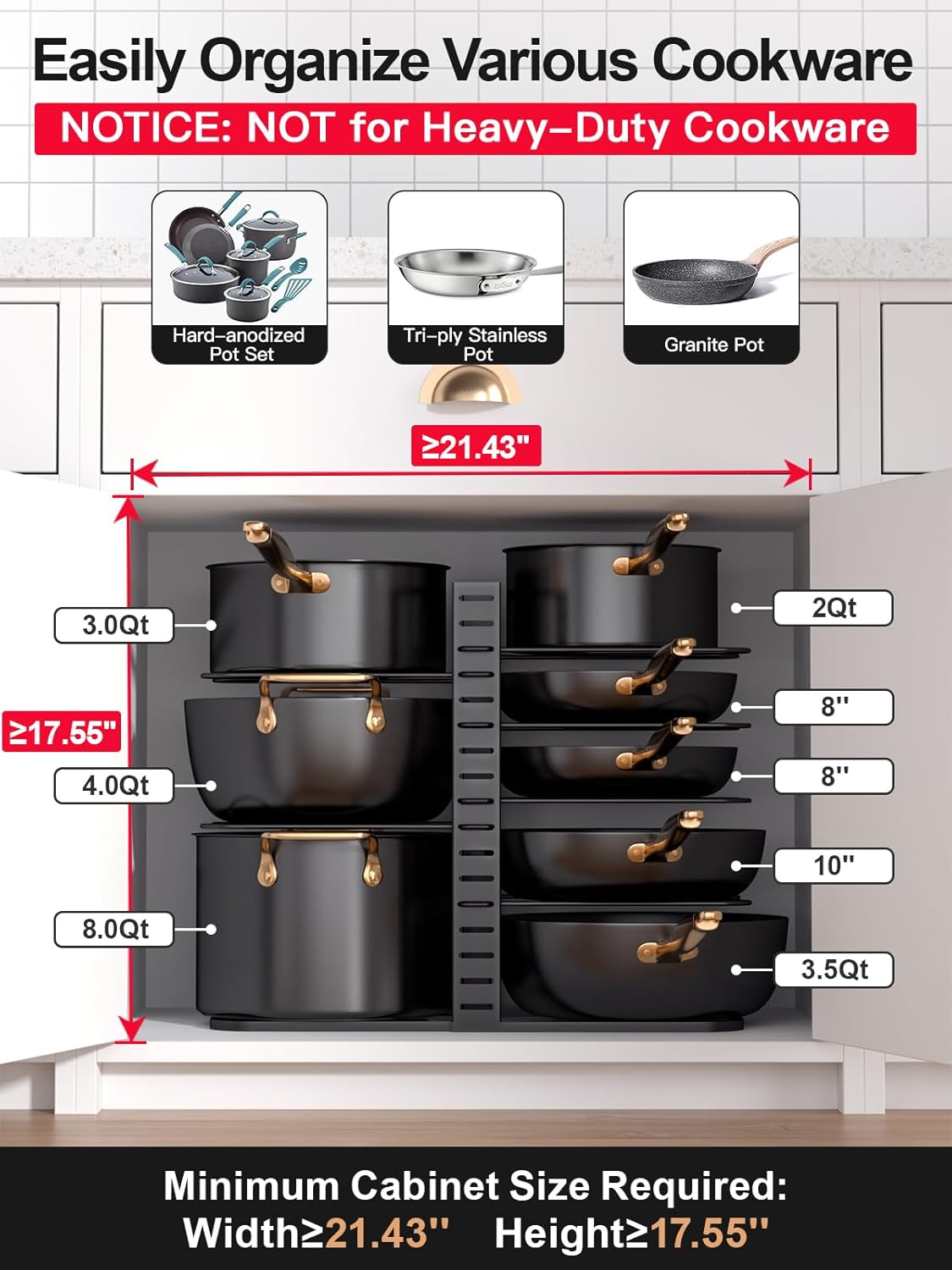 MUDEELA Pots and Pans Organizer Rack under Cabinet 14.55in Height, 8-Tiers Adjustable Pot Rack with 3 DIY Methods, Pot Lid Organizer inside Cabinet for Kitchen Pantry Organization and Storage