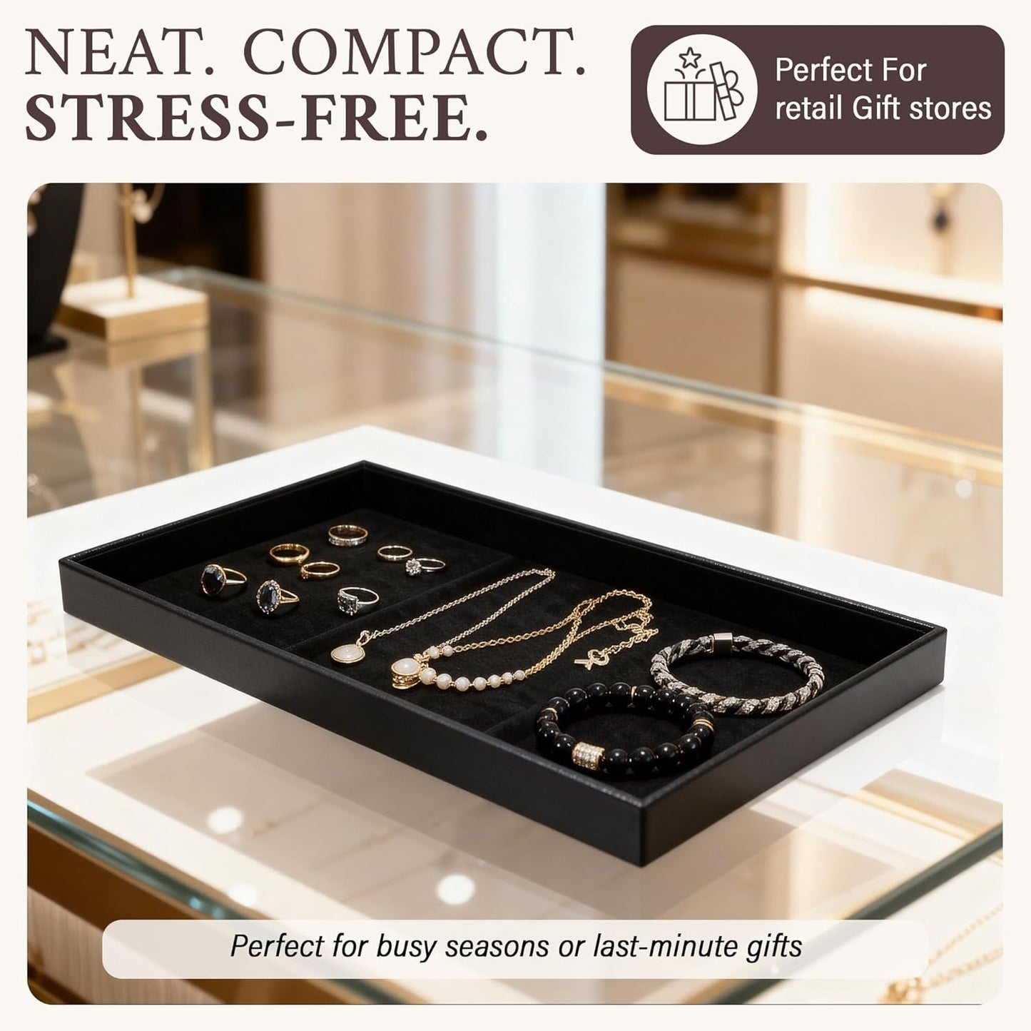 RJ Displays 6 Pack Stackable Jewelry Tray Set, Stackable Plastic Jewelry Organizer Tray, Jewelrys Drawer Organizers, Drawers Inserts, Earring Organizer for Women Perfect Trays (Black) 14.75x8.25x1 IN
