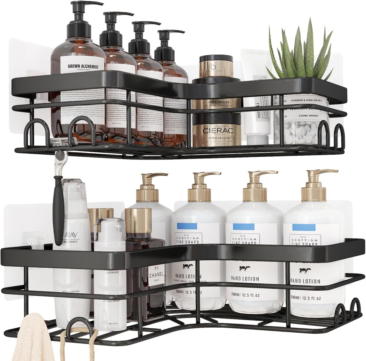 Corner Shower Caddy - 2 Pack, Adhesive Shower Organizers, Rustproof Stainless Steel Shower Shelves with 8 Hooks, No Drilling Bathroom Organizers and Storage Racks, Space-Saving, Black, X-Large