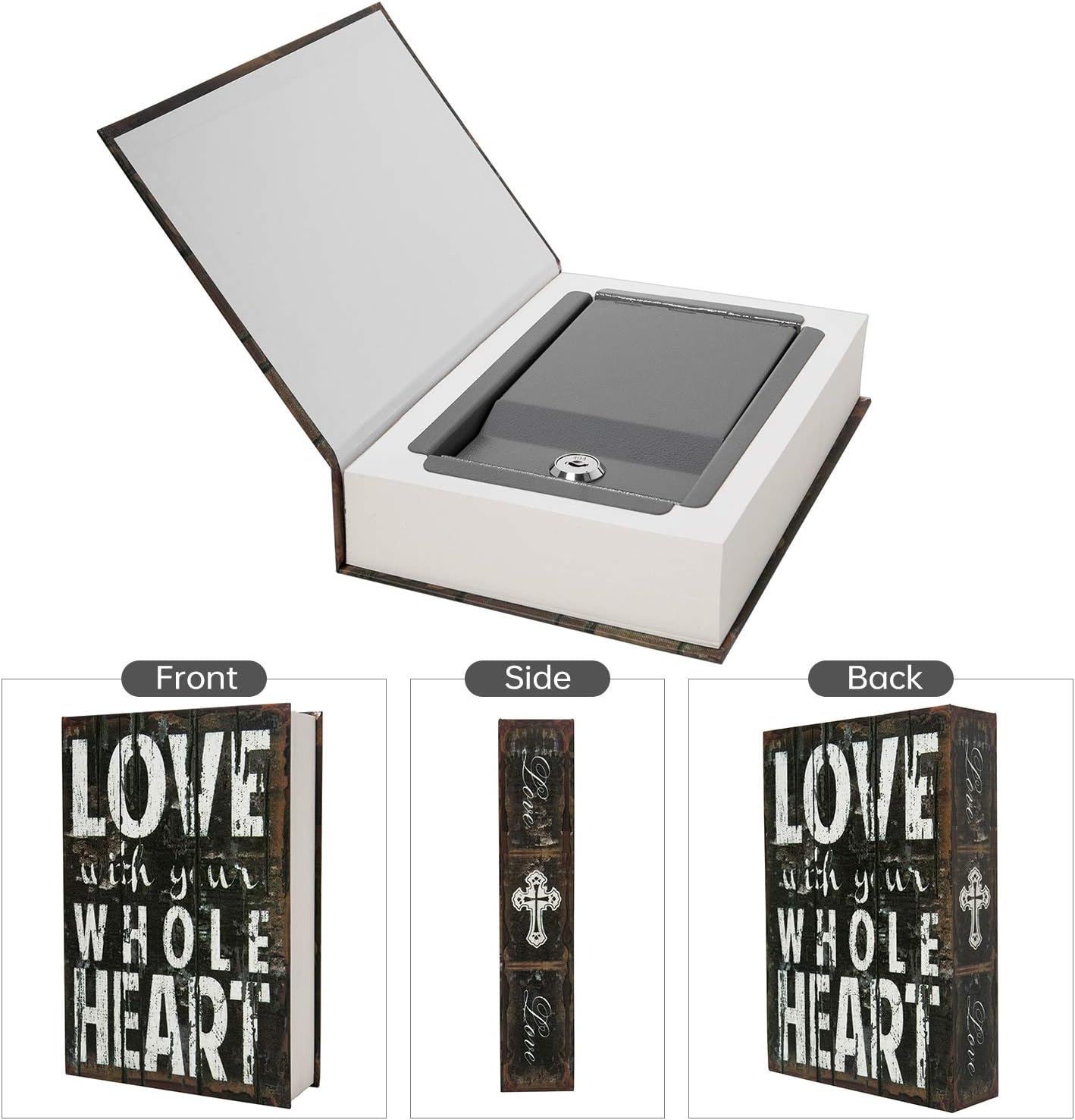Real Paper Transfer Book Safe, Hollow with Secret Hidden Compartment, Key Lock, 8.7"×6"×2" (LOVE-Key)
