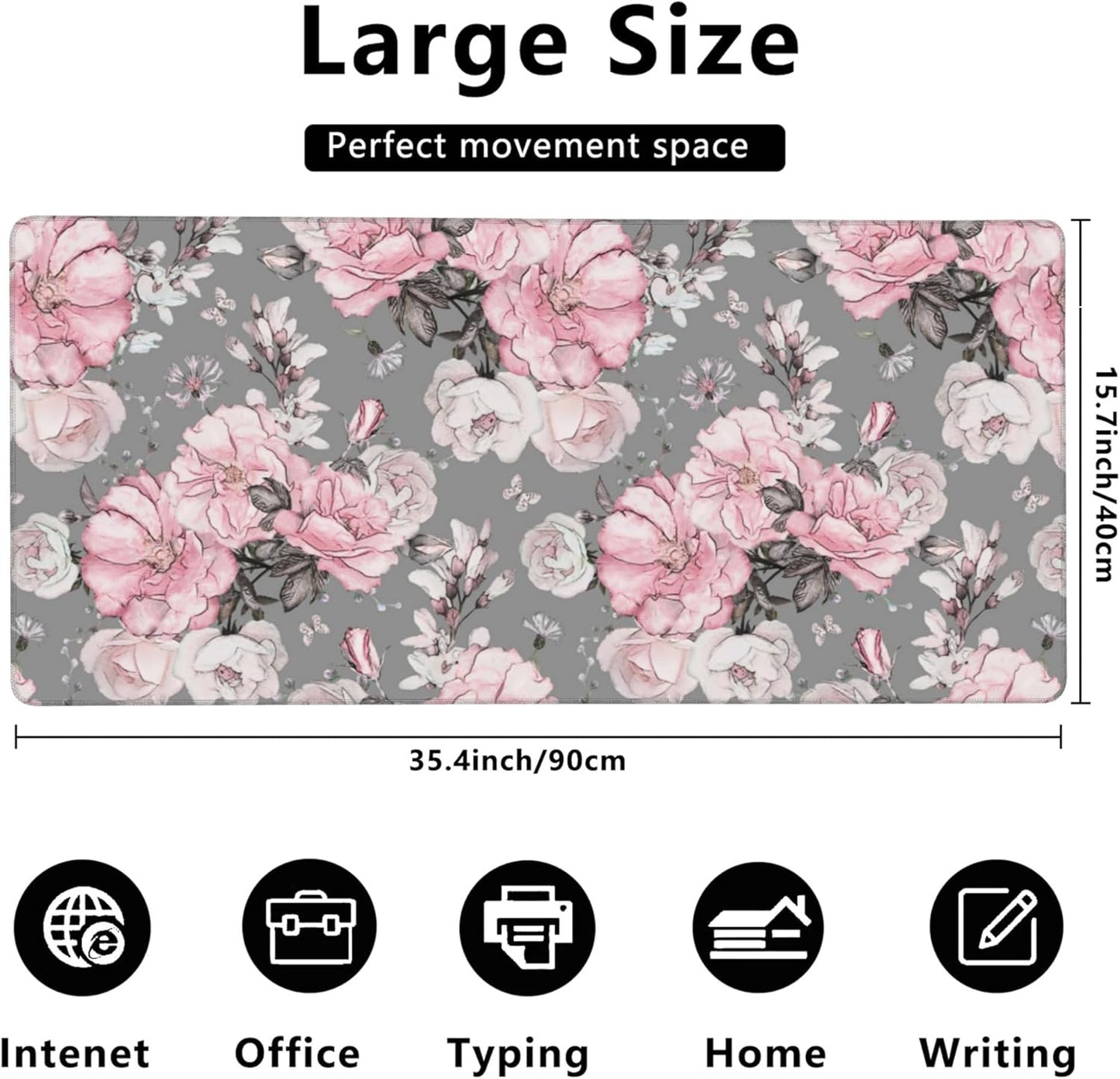Desk Mat,Flower Rose Gaming Mouse Pad,XXL Extended Mouse Pad Mat for Office,Computer,Keyboard with Non-Slip Base Stitched Eges Mousepad 35.4x15.75 inch